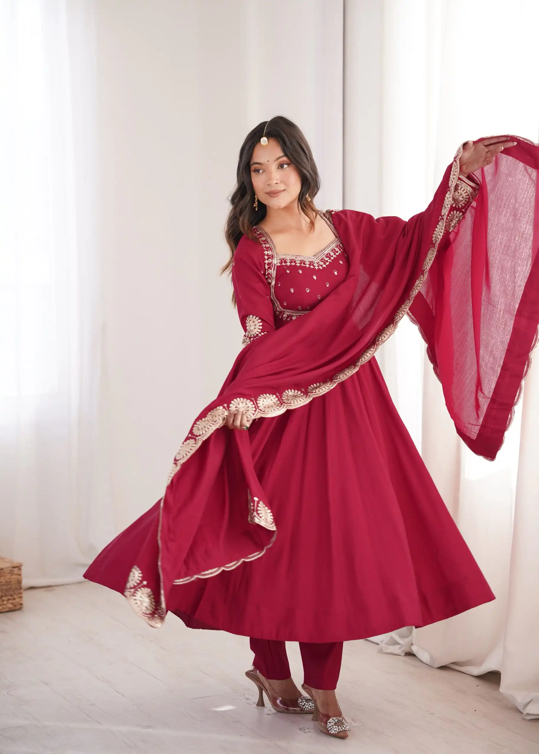 Glowing Maroon Roman Silk Embroidery Work Anarkali Suit - Image 3