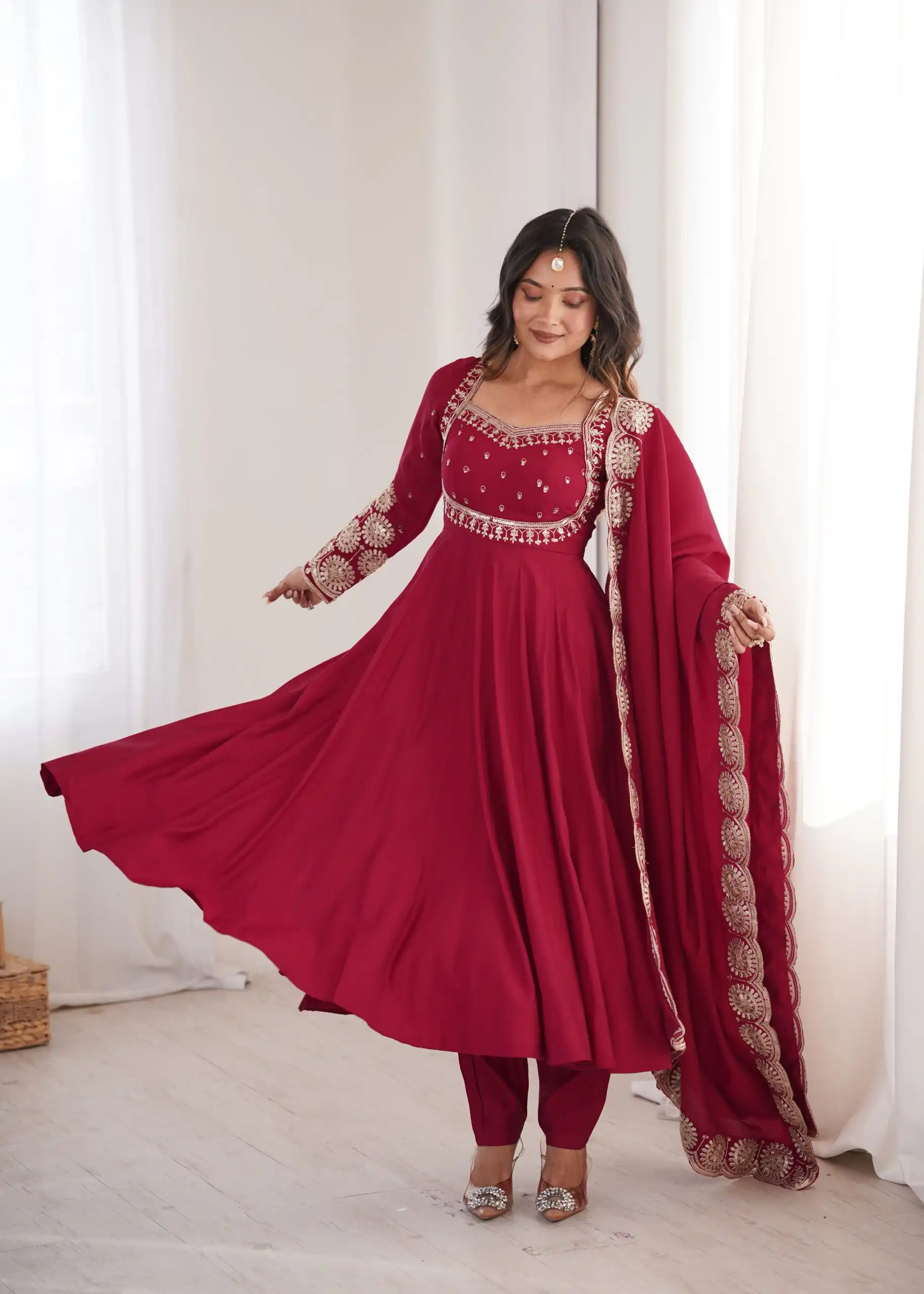 Glowing Maroon Roman Silk Embroidery Work Anarkali Suit - Image 2