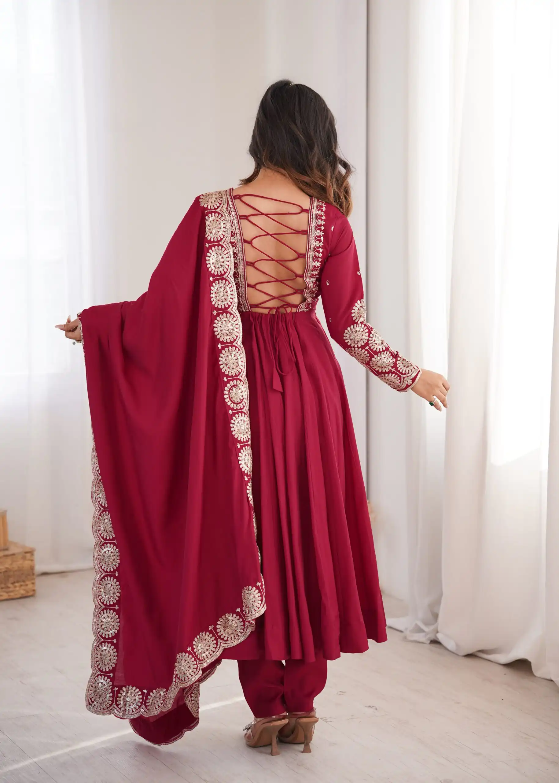 Glowing Maroon Roman Silk Embroidery Work Anarkali Suit - Image 11