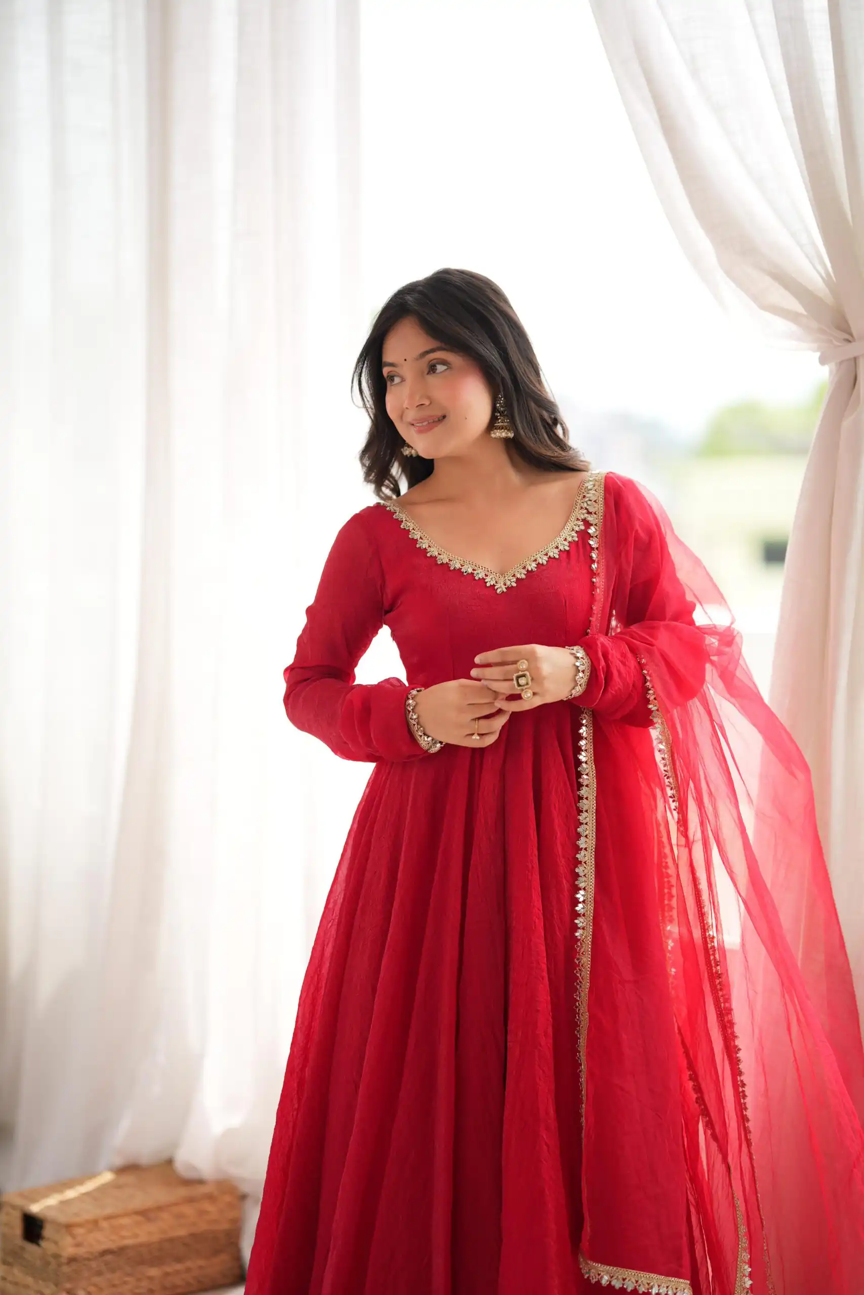Glowing Red Doremon Crush Mirror Work Gown - Image 7