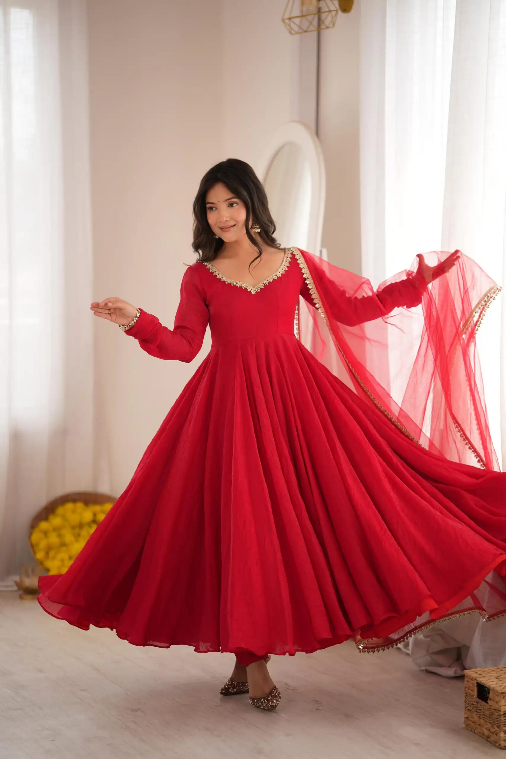 Glowing Red Doremon Crush Mirror Work Gown