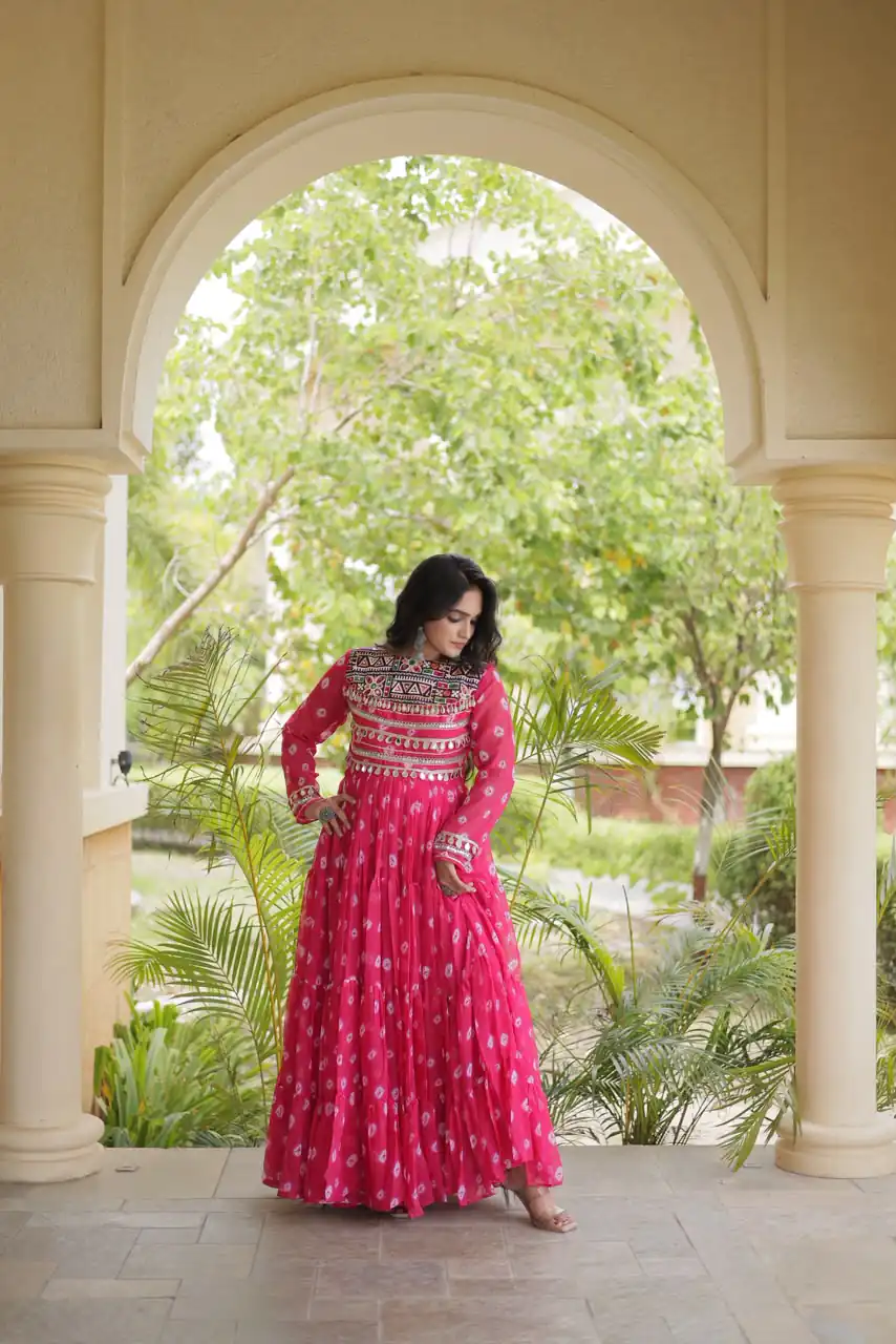 Great Pink Faux Georgette Bandhani Kutchi Work Gown - Image 4