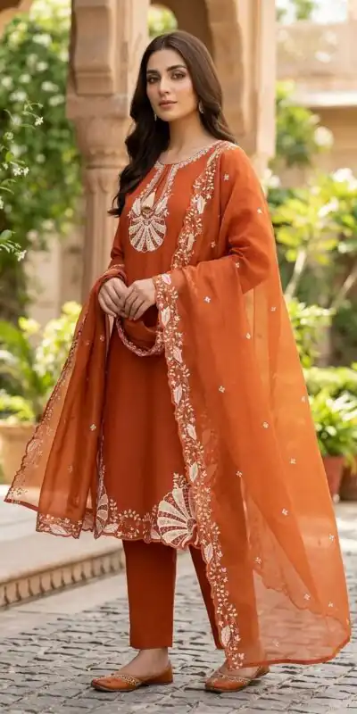 Nice Orange Roman Embroidery Work Salwar Suit
