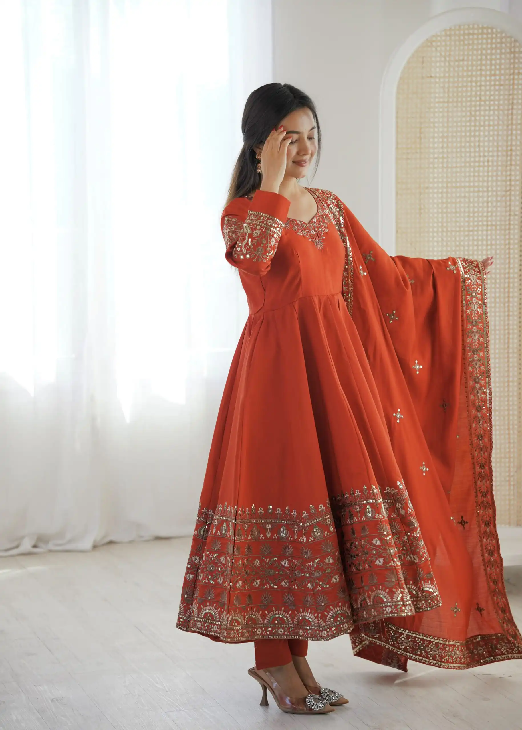 Nice Orange Roman Silk Embroidery Work Gown - Image 6