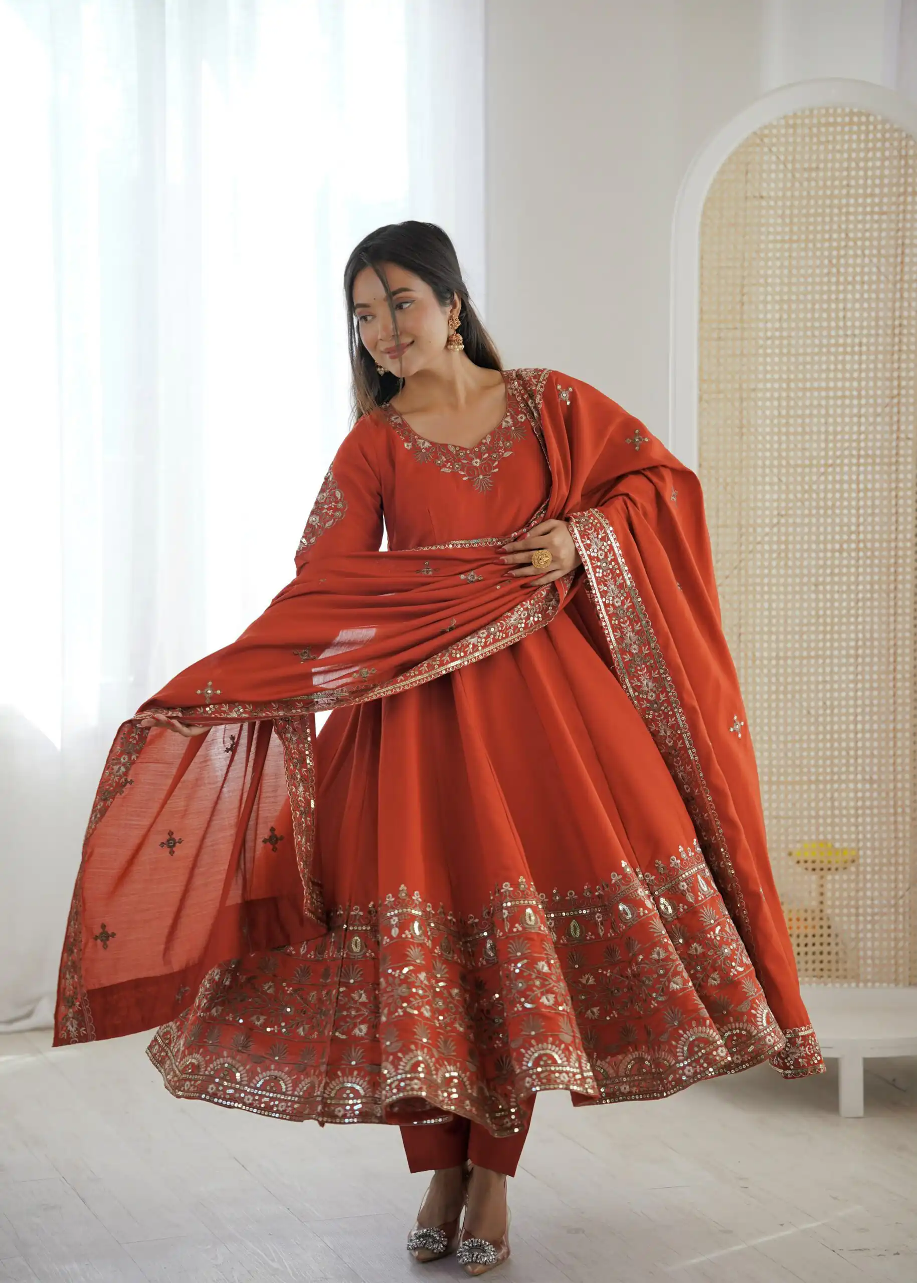 Nice Orange Roman Silk Embroidery Work Gown - Image 5
