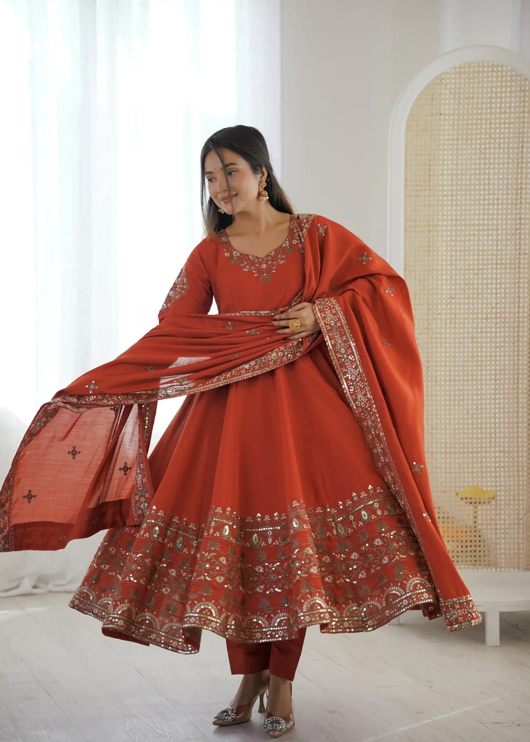 Nice Orange Roman Silk Embroidery Work Gown - Image 4