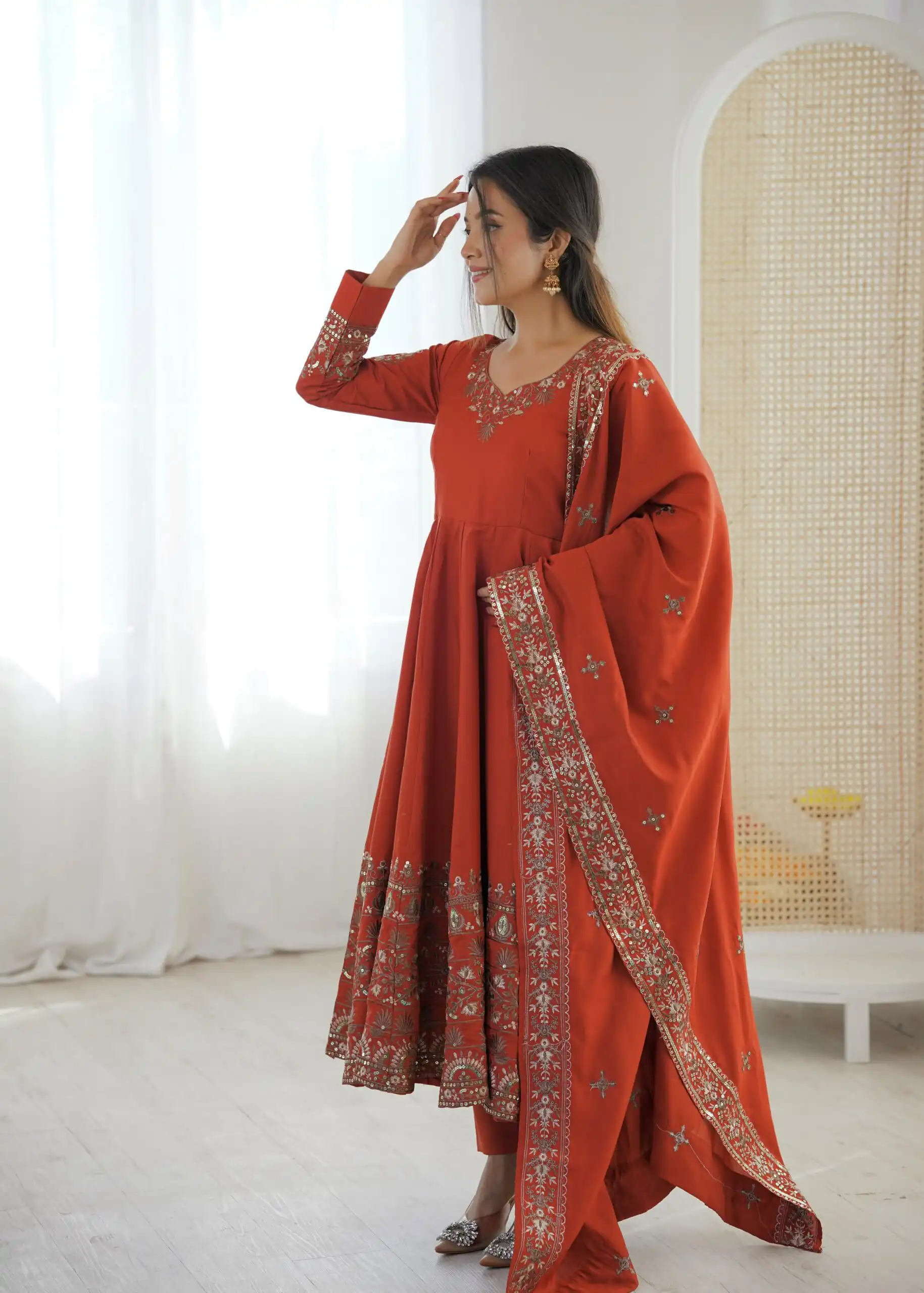 Nice Orange Roman Silk Embroidery Work Gown - Image 3