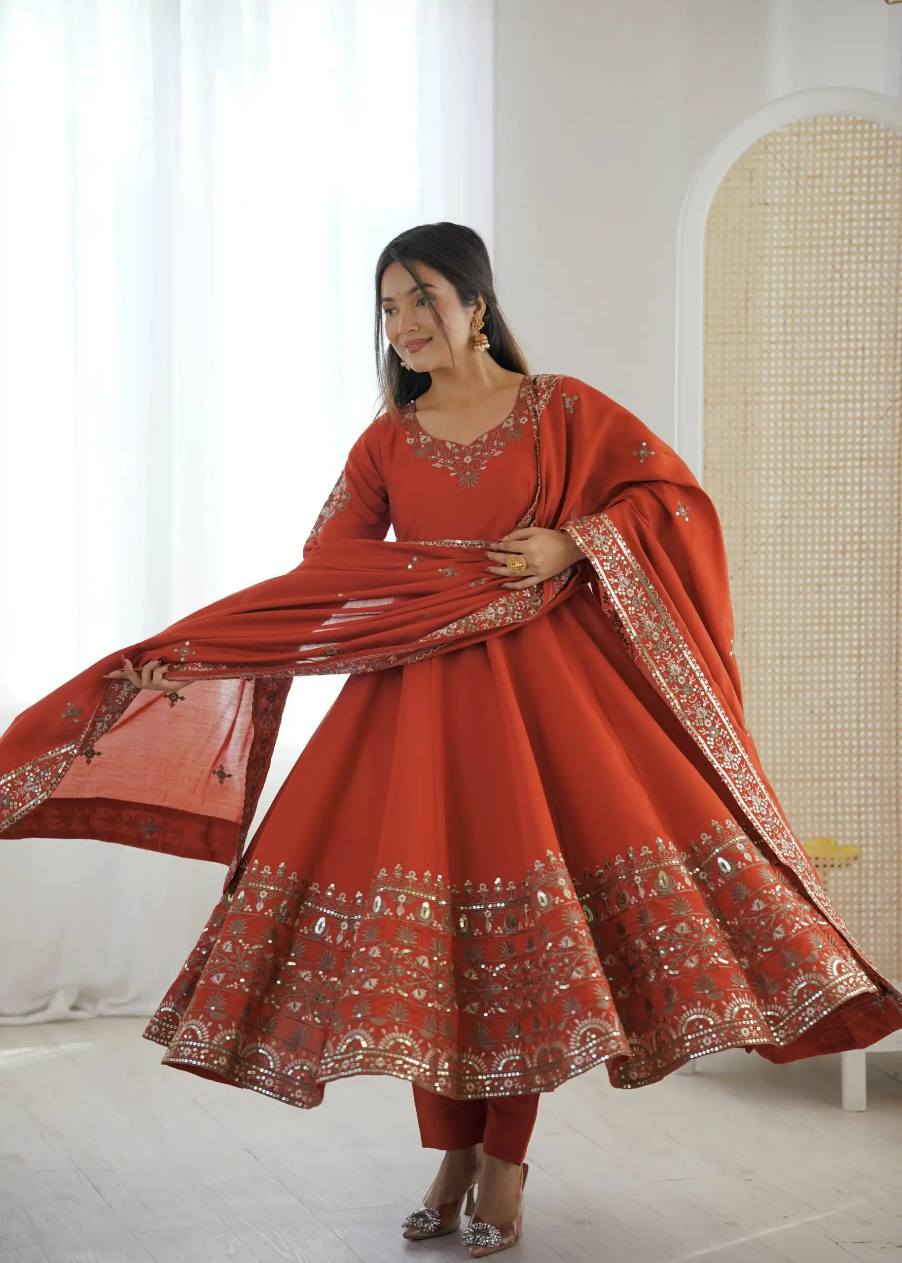 Nice Orange Roman Silk Embroidery Work Gown - Image 2