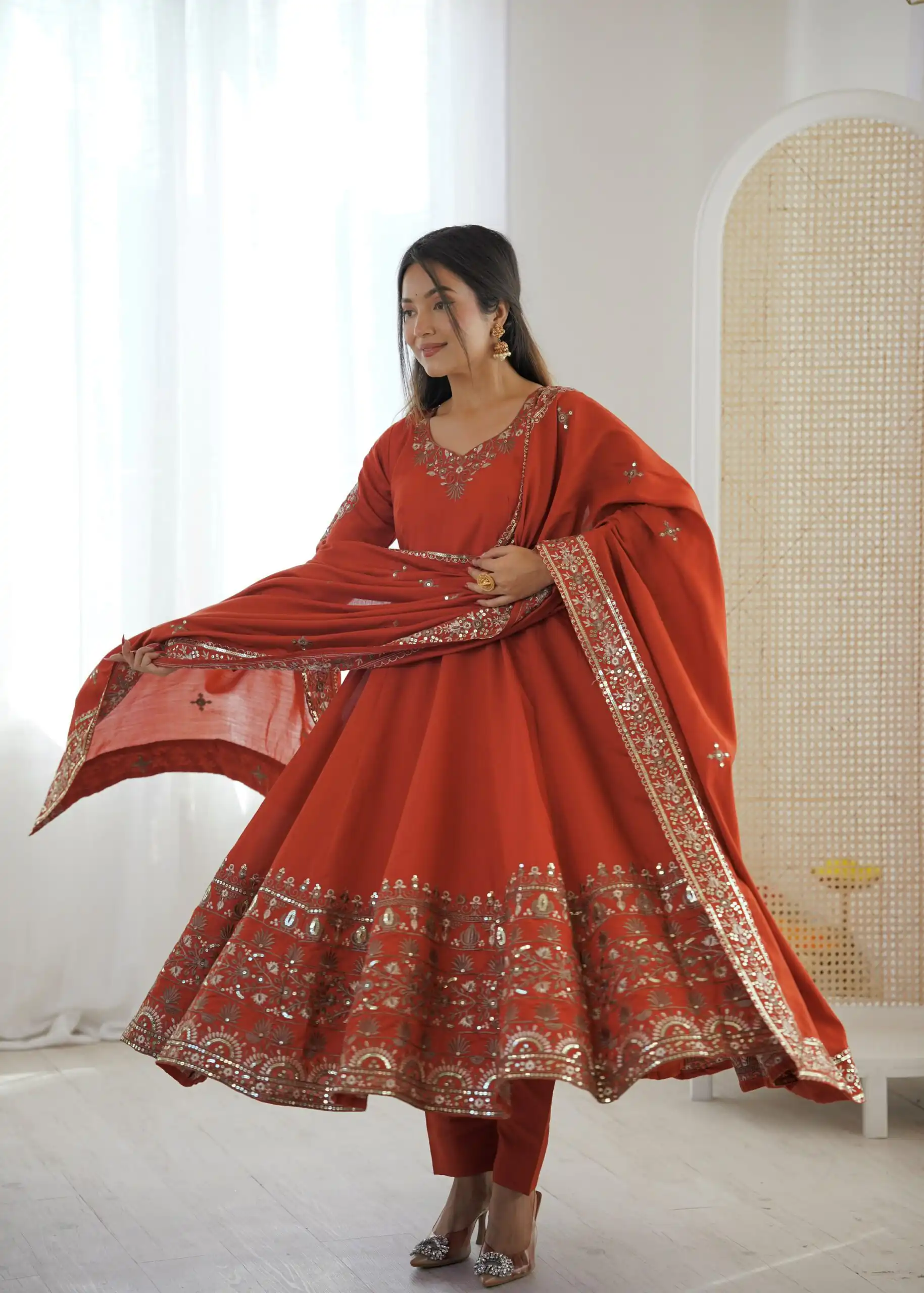 Nice Orange Roman Silk Embroidery Work Gown