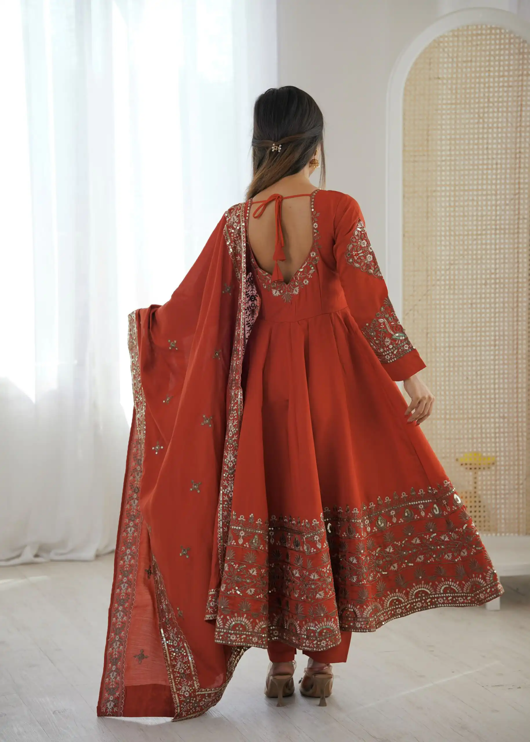 Nice Orange Roman Silk Embroidery Work Gown - Image 7