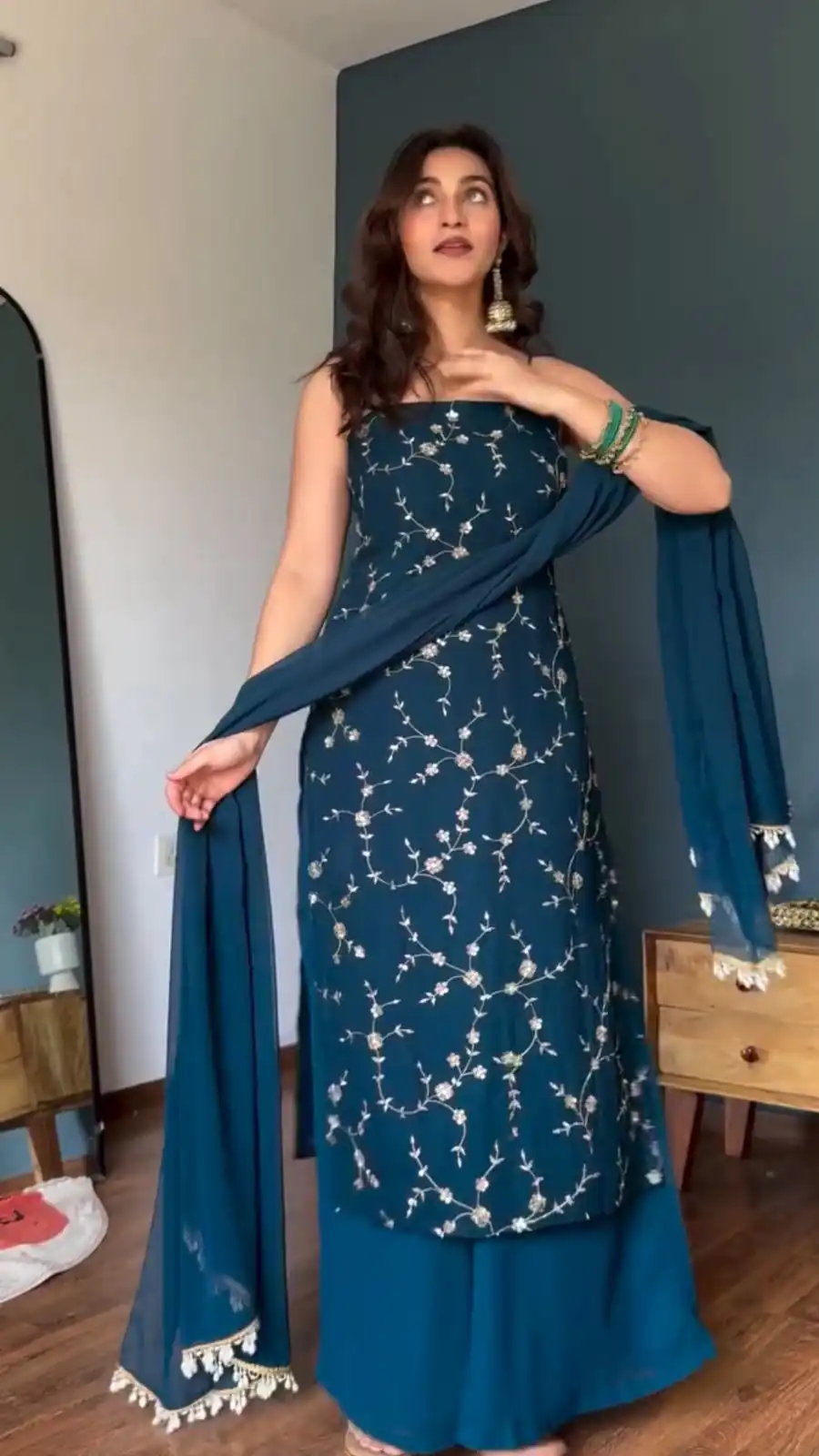 Perfect Teal Faux Georgette Sequence Work Salwar Suit - Image 2
