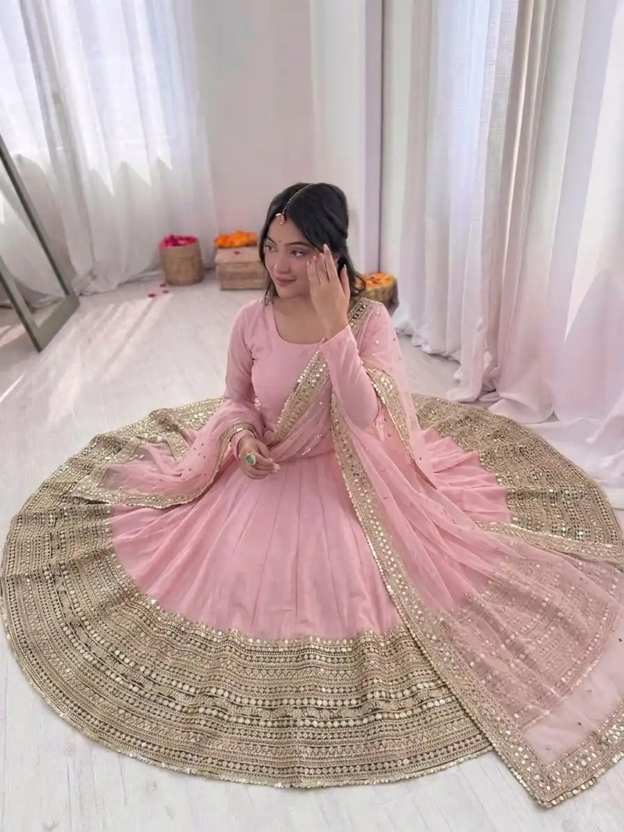 Pink Roman Silk Embroidery Lace Work Gown - Image 4