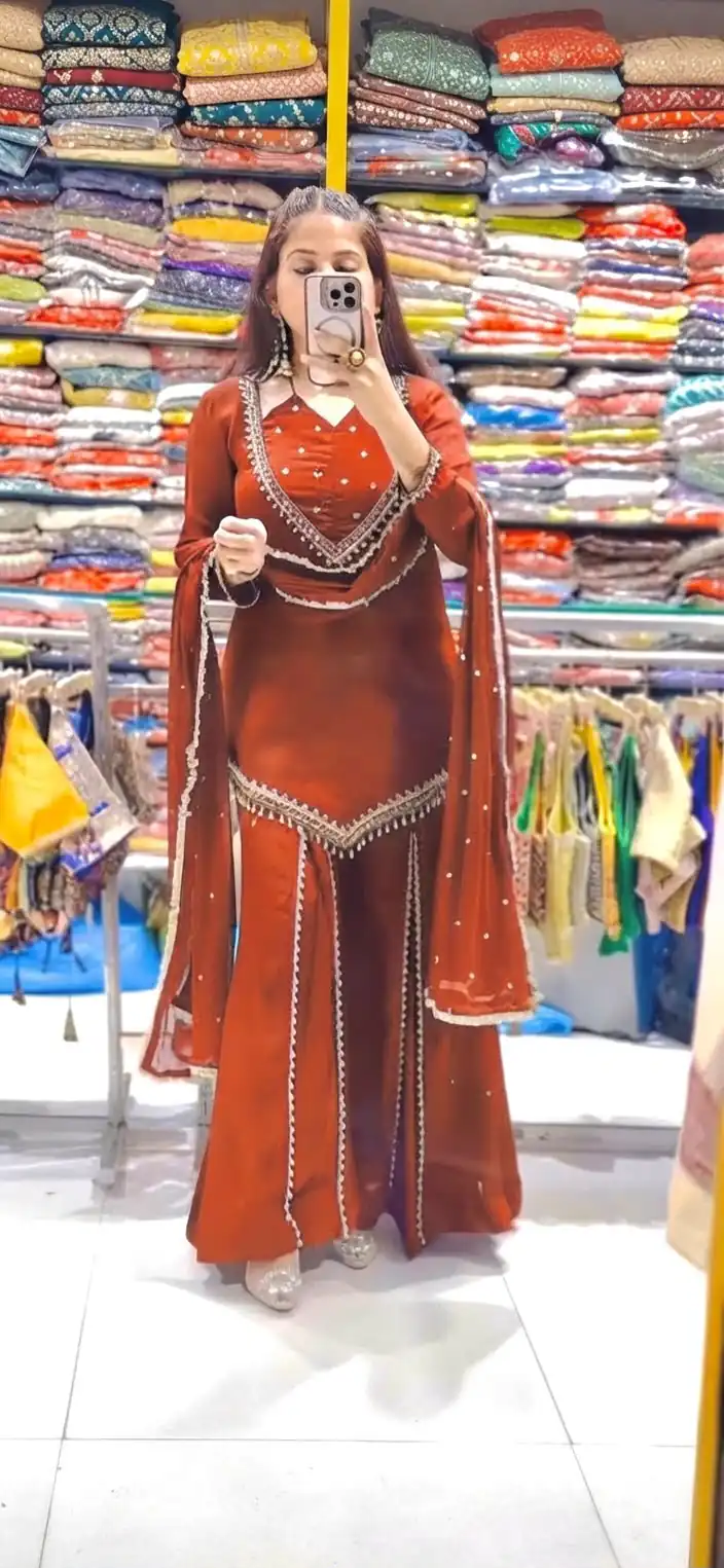 Pretty Rust Roman Glass Mirror Work Salwar Suit - Image 3