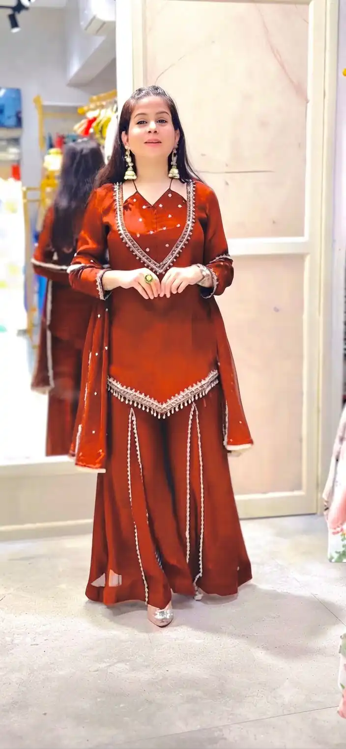 Pretty Rust Roman Glass Mirror Work Salwar Suit