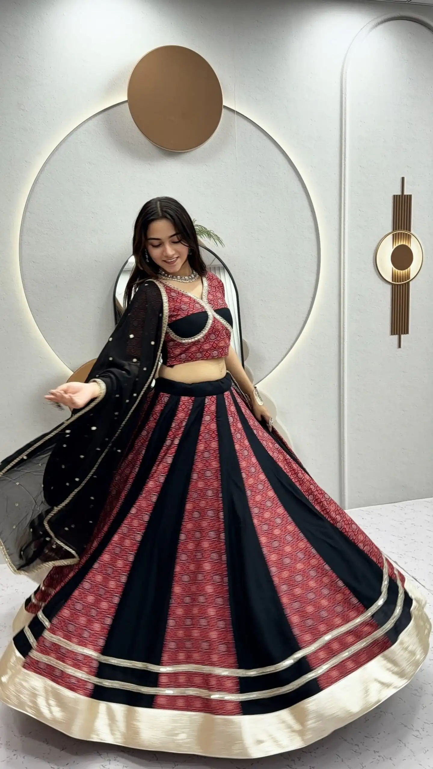 Shiny Black Pure Cotton Ajarak Print Work Lehenga Choli - Image 4