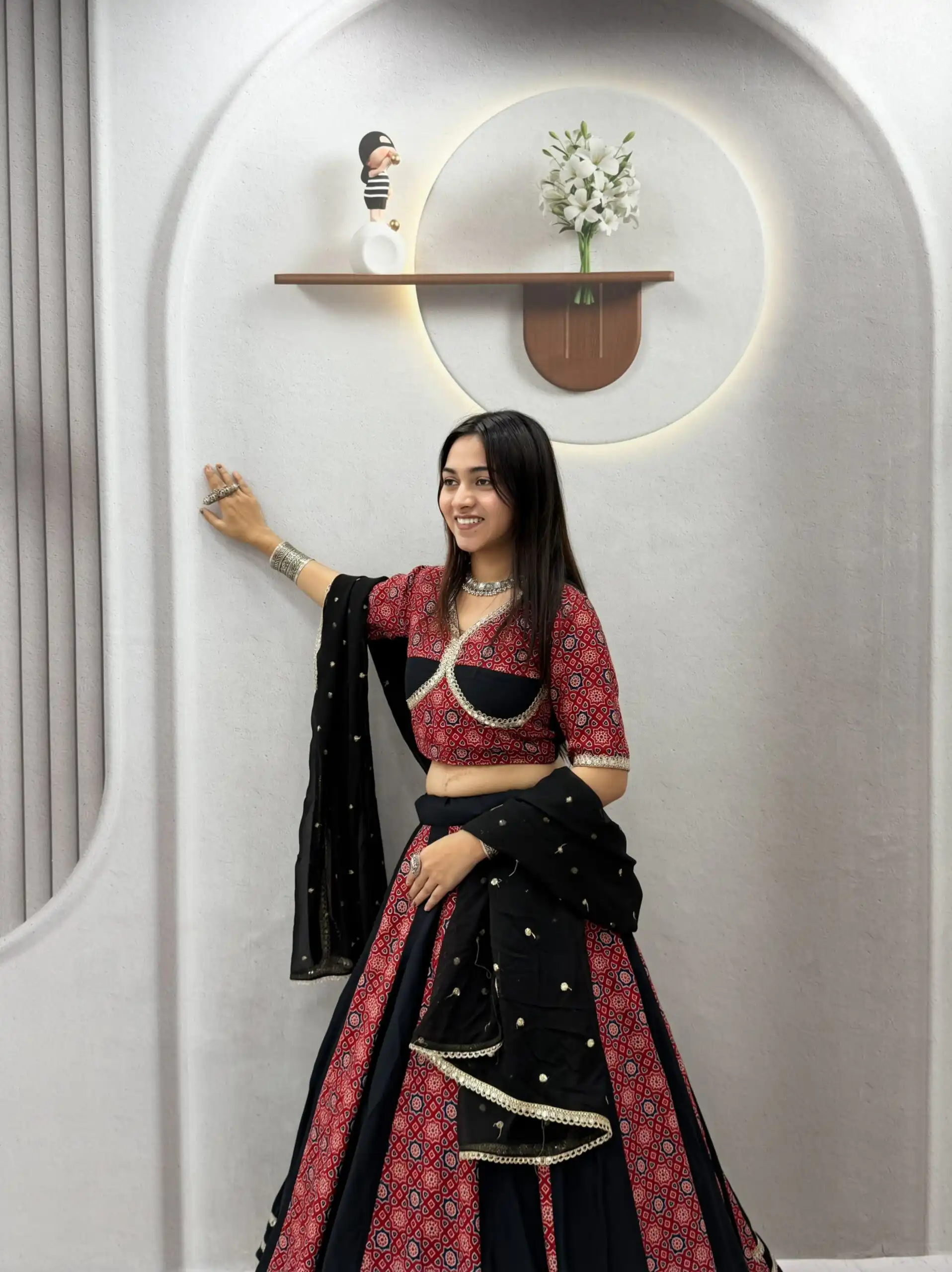 Shiny Black Pure Cotton Ajarak Print Work Lehenga Choli - Image 3
