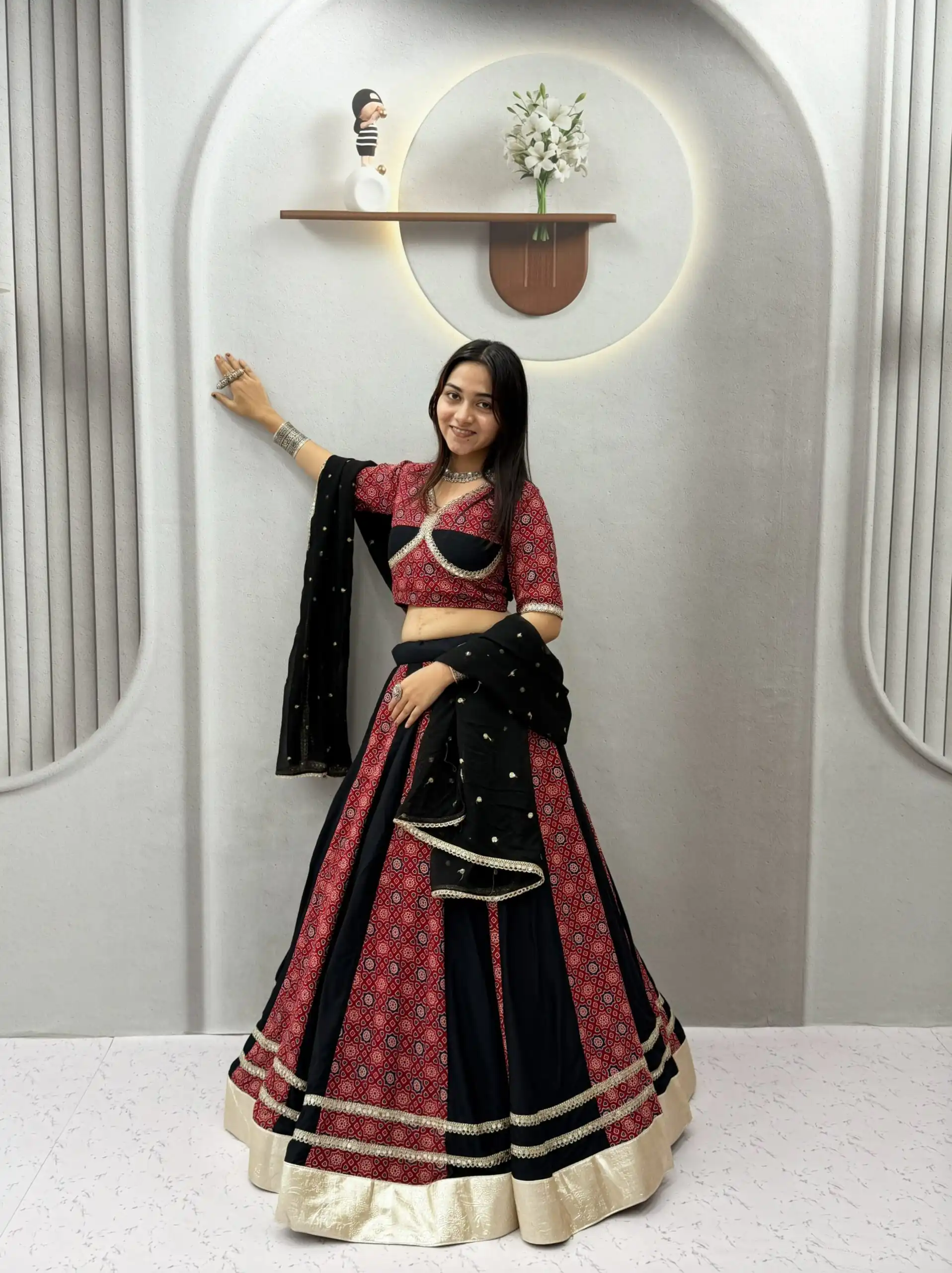 Shiny Black Pure Cotton Ajarak Print Work Lehenga Choli - Image 5