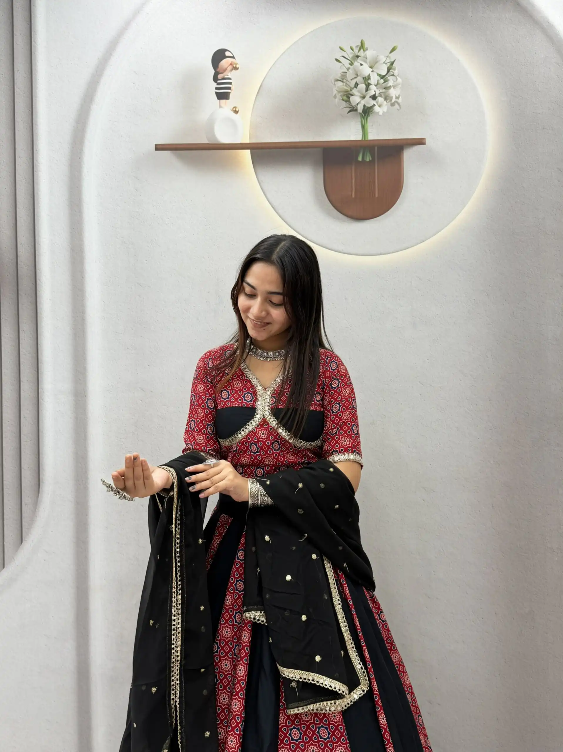 Shiny Black Pure Cotton Ajarak Print Work Lehenga Choli - Image 6