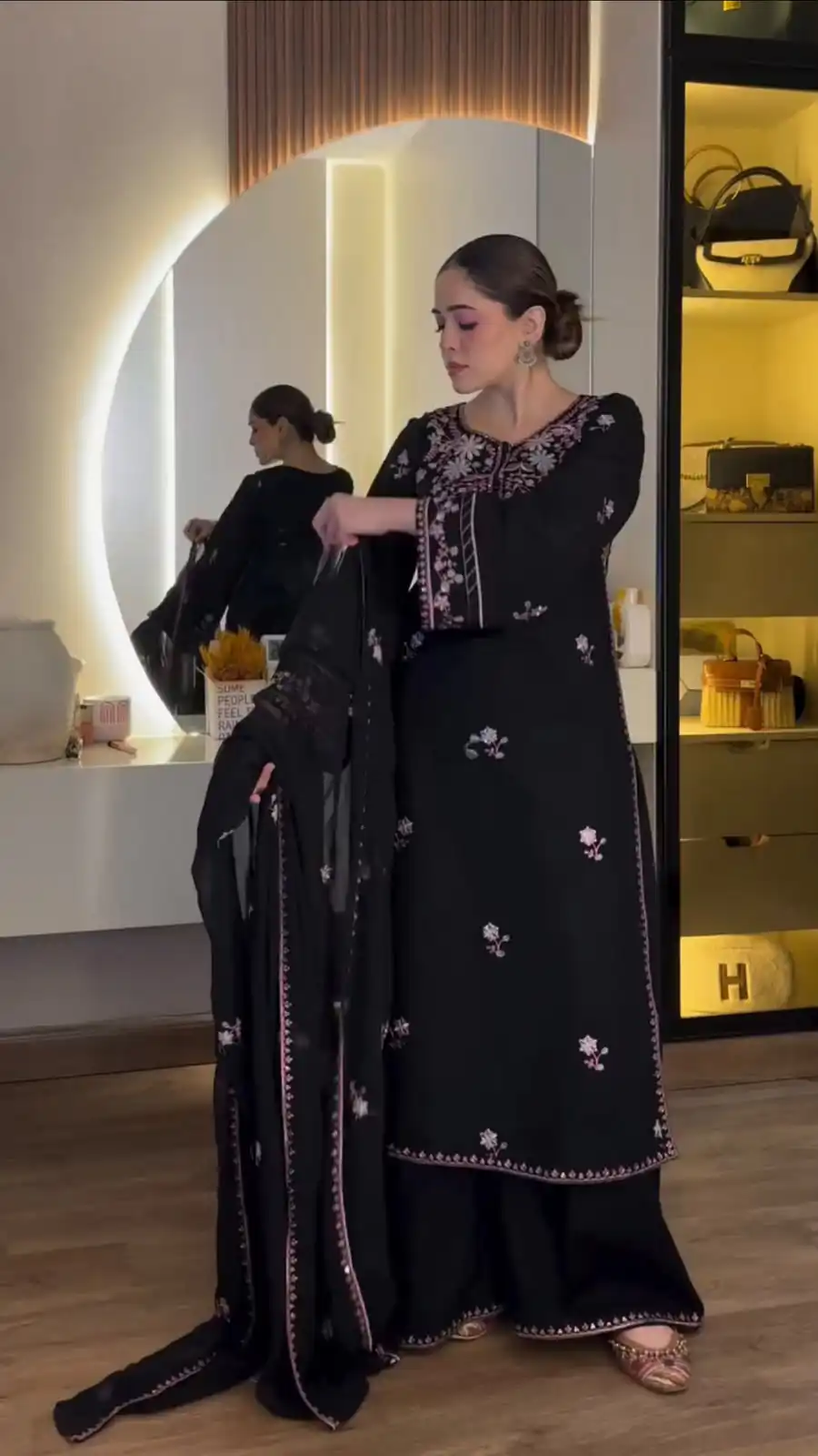 Shiny Black Rayon Satin Embroidery Work Salwar Suit - Image 6