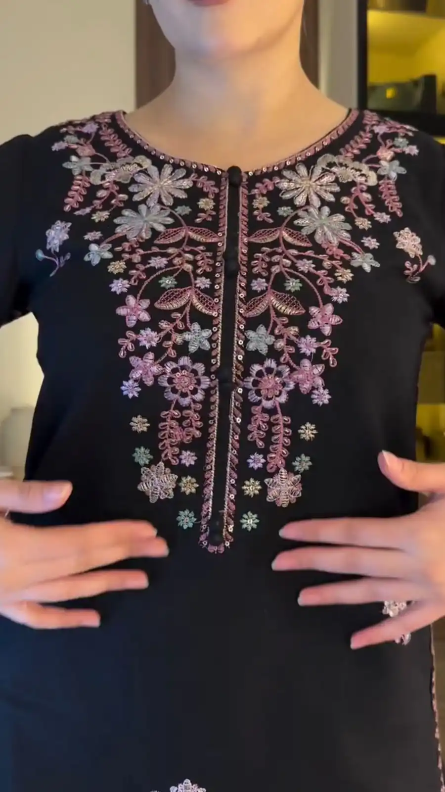 Shiny Black Rayon Satin Embroidery Work Salwar Suit - Image 4