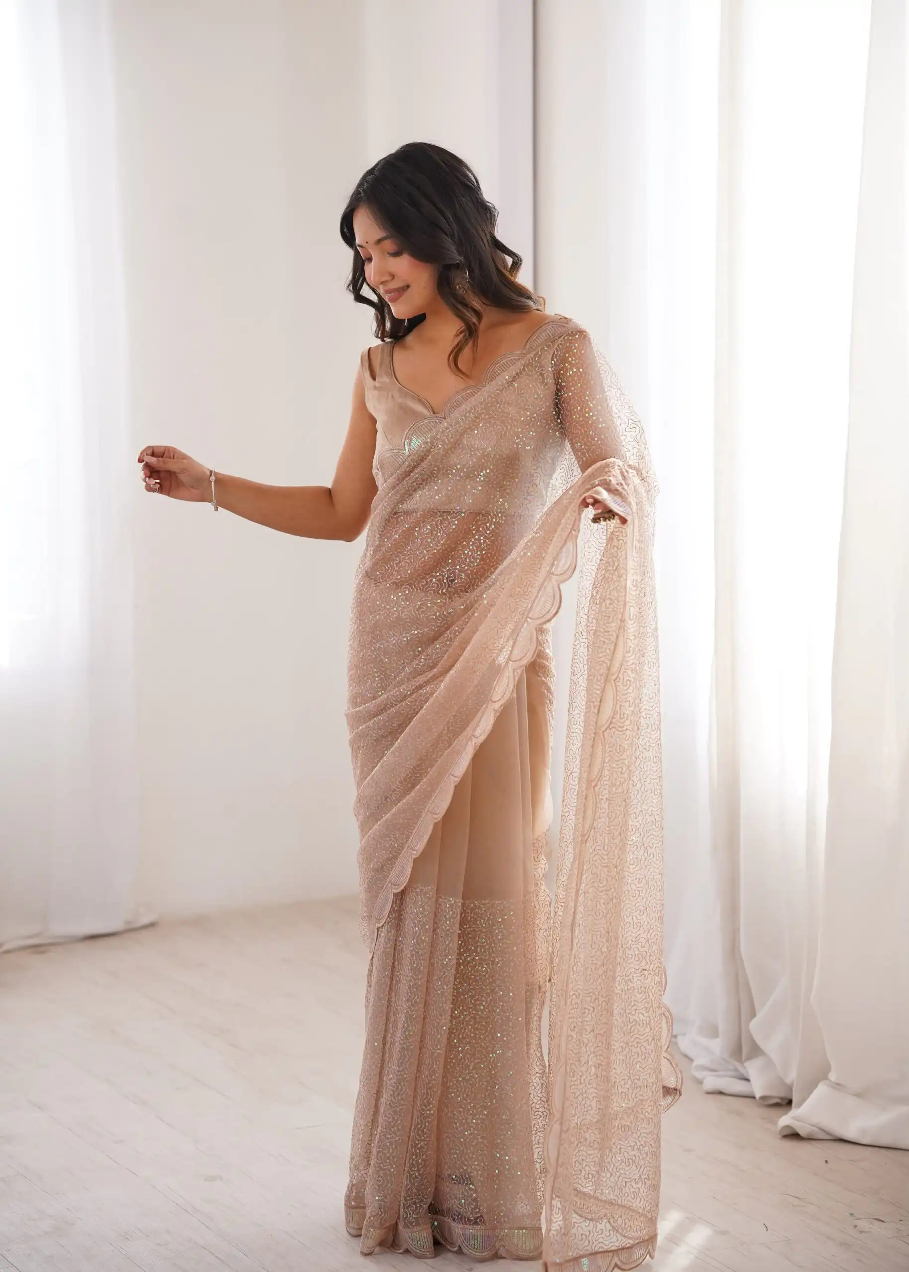 Shiny Cream Soft Net Sequins Work Saree - Image 6
