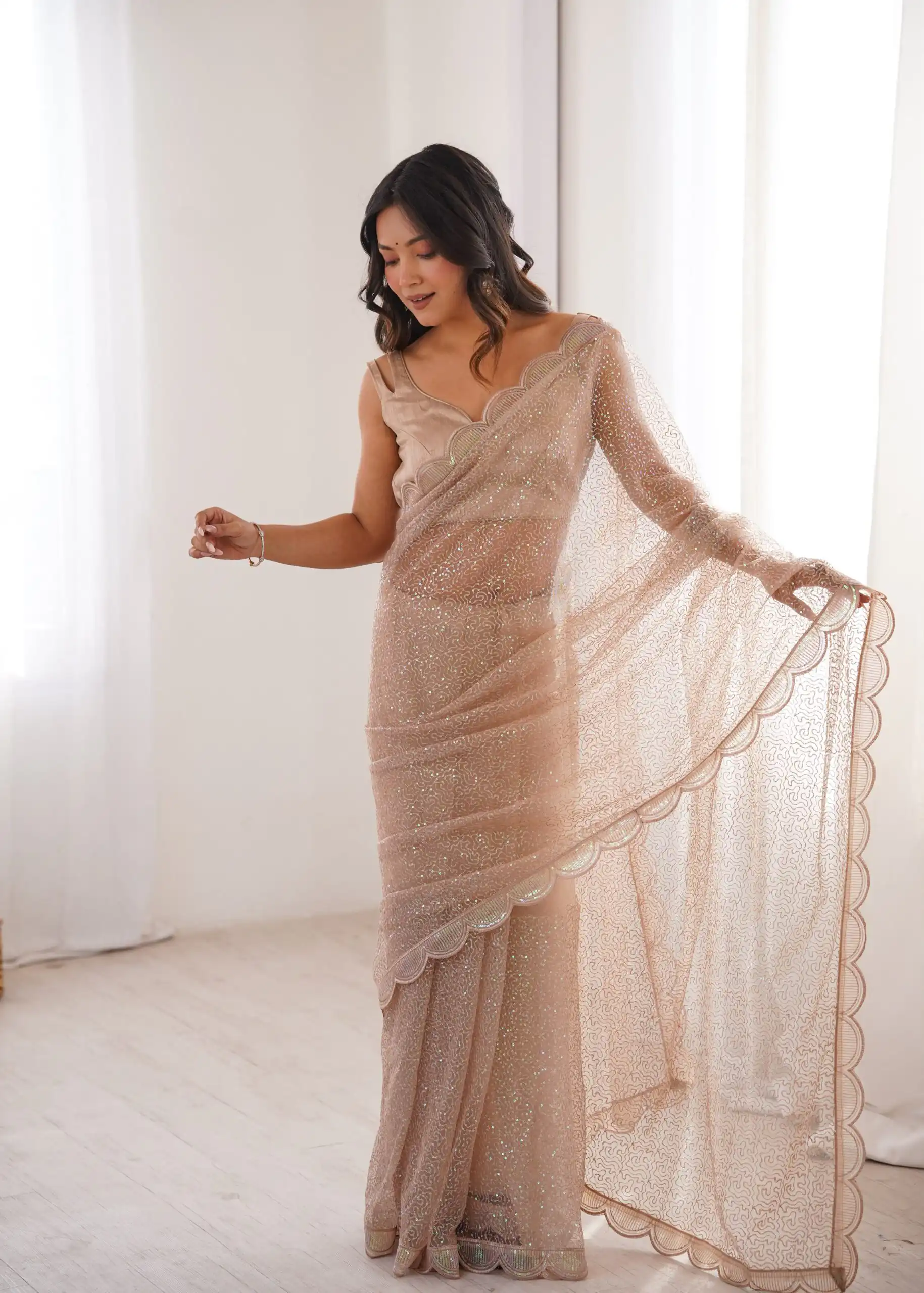 Shiny Cream Soft Net Sequins Work Saree - Image 4