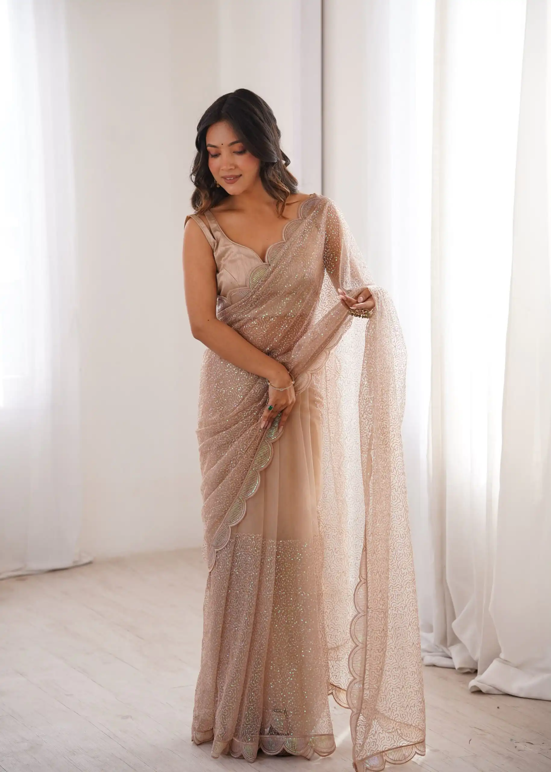 Shiny Cream Soft Net Sequins Work Saree