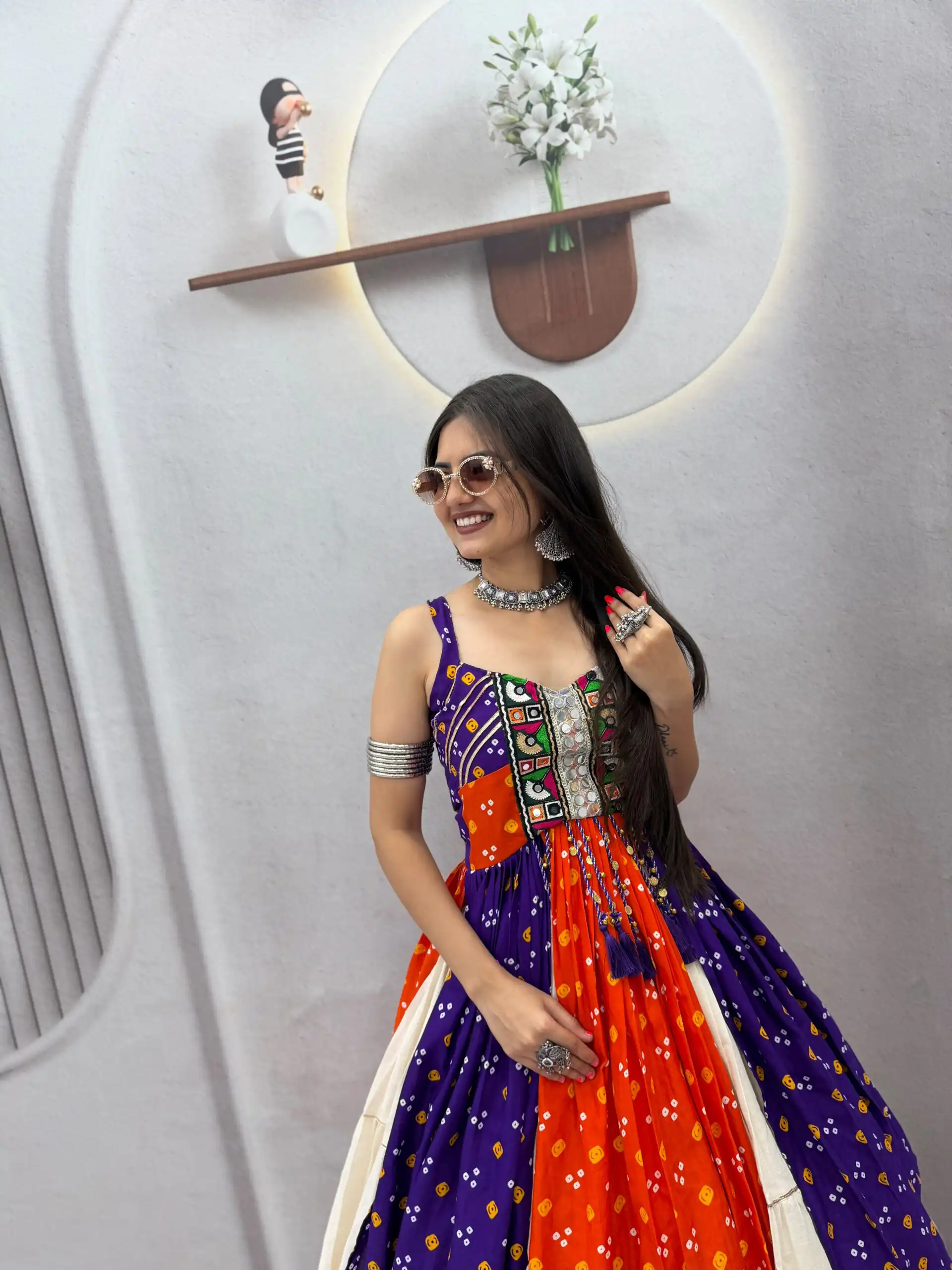 Shiny Orange Khadi Cotton Bandhej Mirror Work Lehenga Choli - Image 4