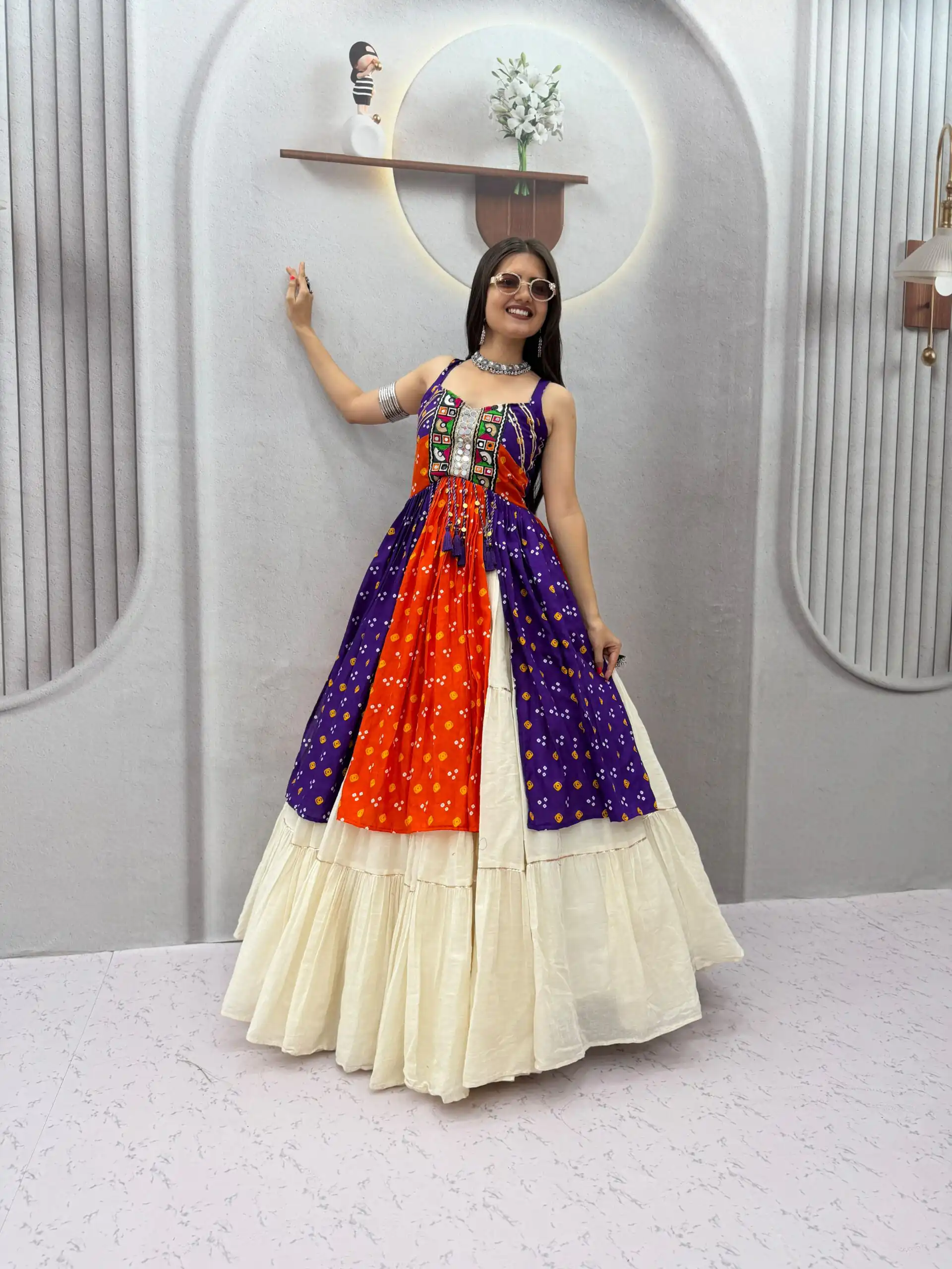 Shiny Orange Khadi Cotton Bandhej Mirror Work Lehenga Choli - Image 3