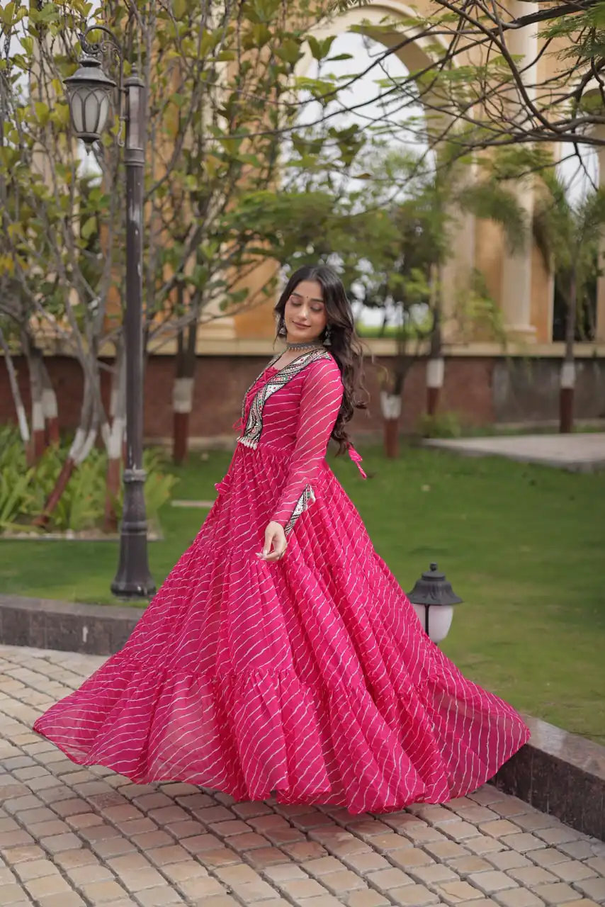 Shiny Pink Faux Georgette Laheriya Print Work Gown - Image 3