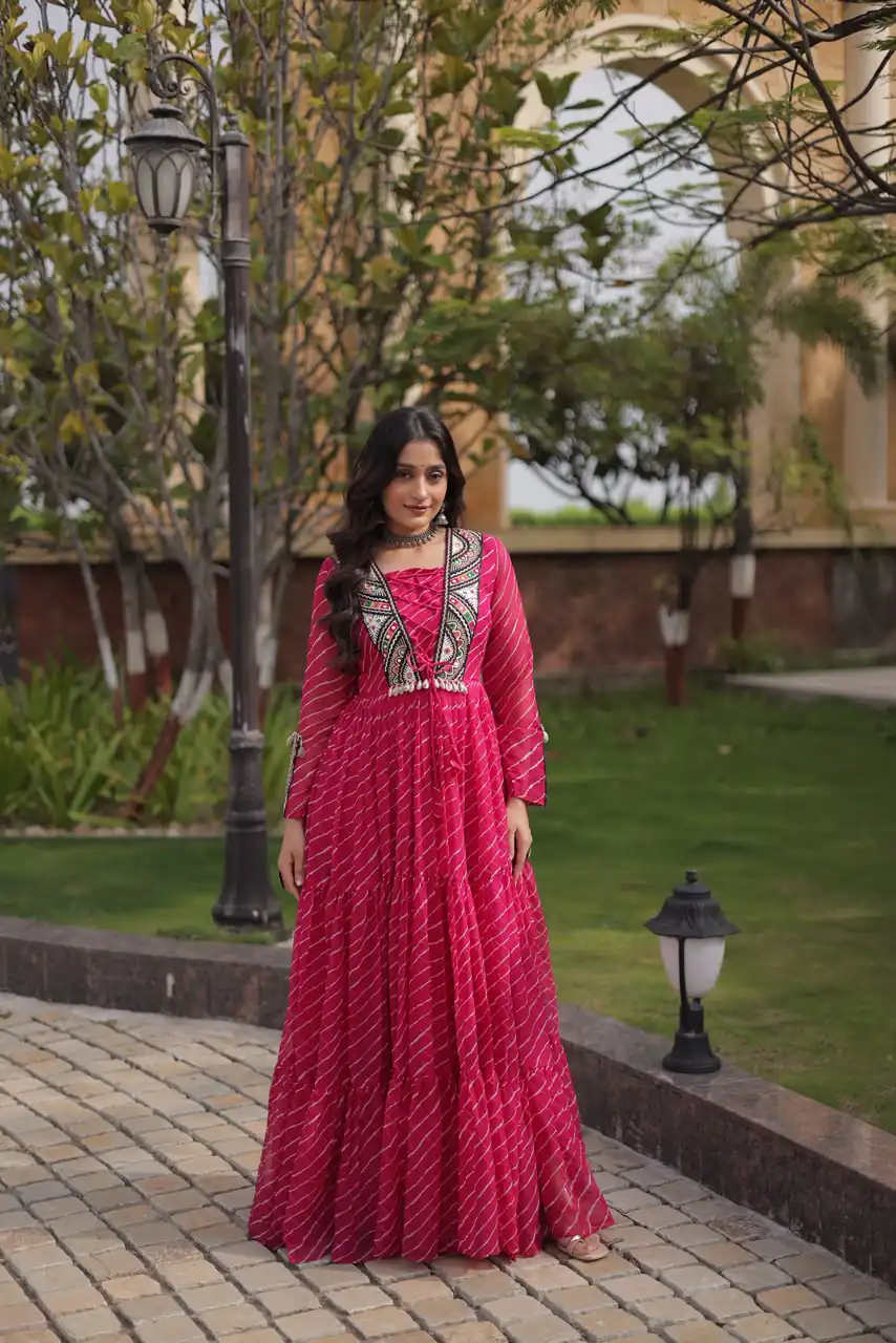Shiny Pink Faux Georgette Laheriya Print Work Gown - Image 2