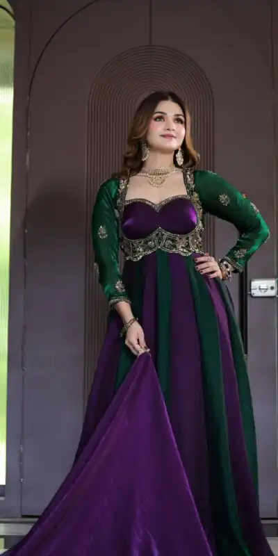 Shiny Purple Fendy Silk Sequence Work Gown