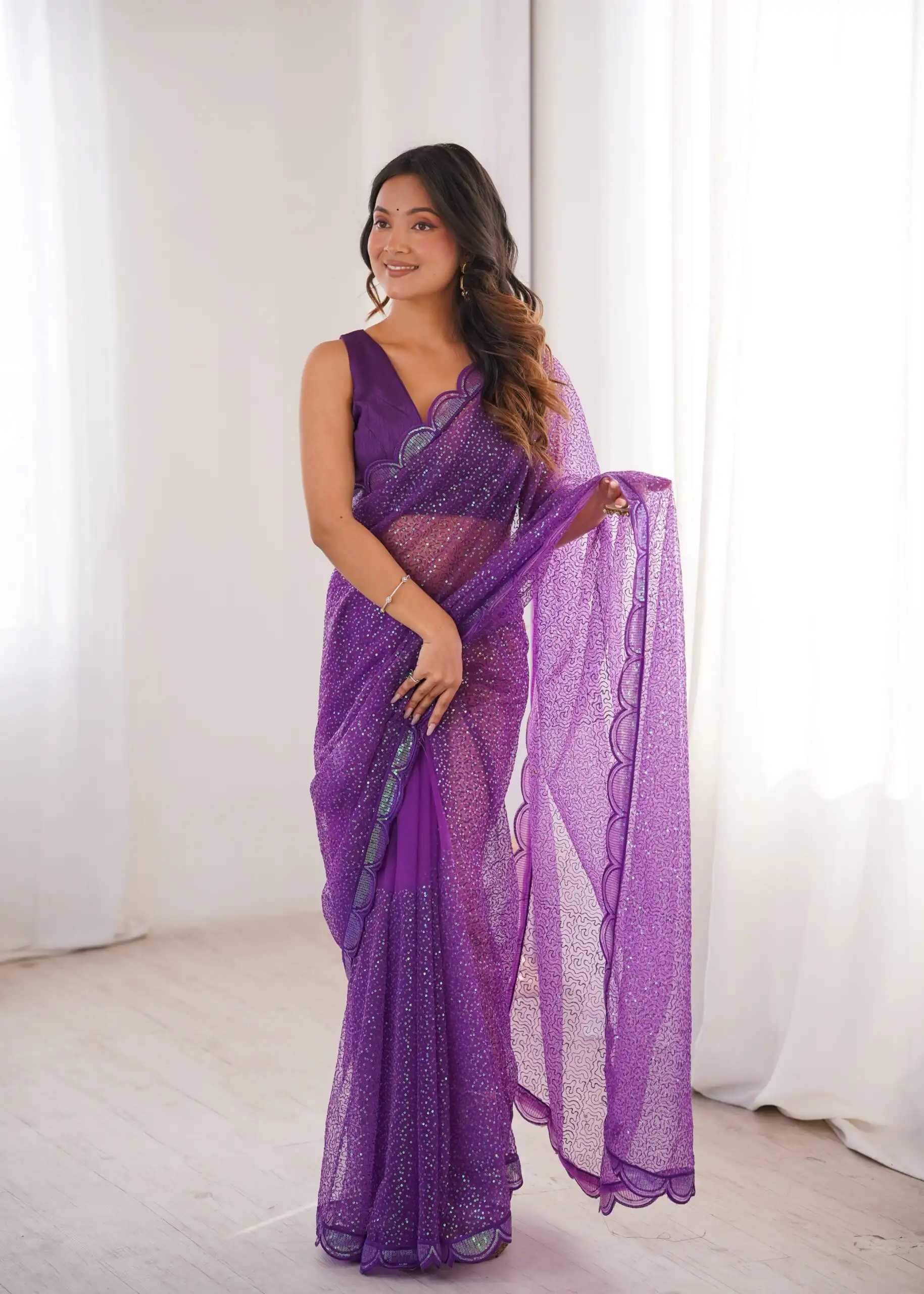 Shiny Purple Soft Net Sequins Work Saree