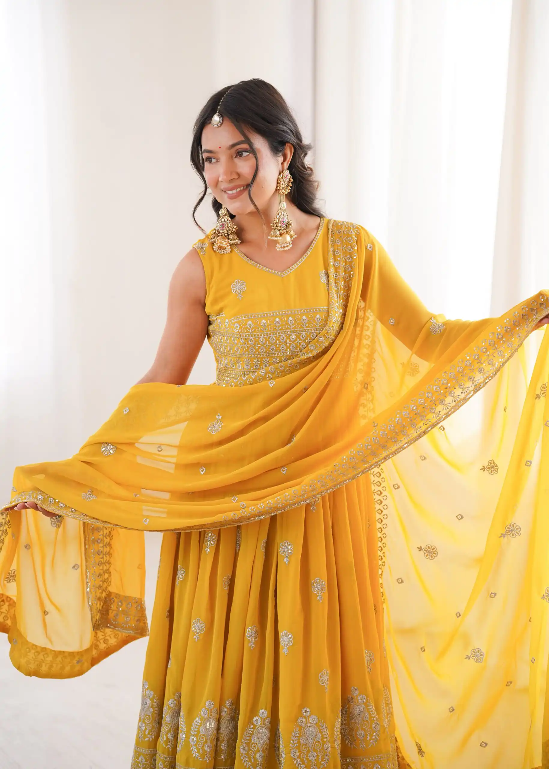 Shiny Yellow Faux Georgette Sequence Work Anarkali Suit - Image 3