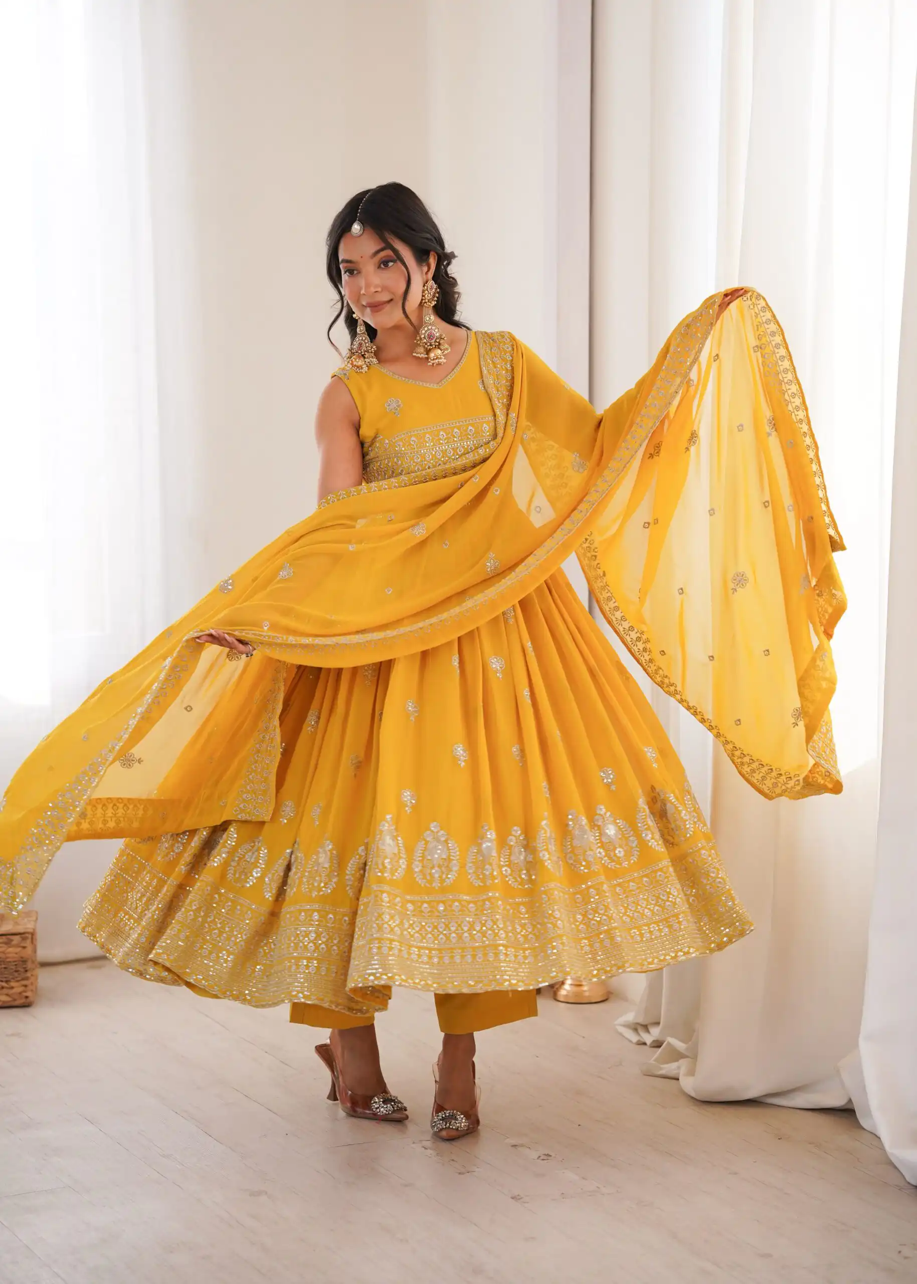 Shiny Yellow Faux Georgette Sequence Work Anarkali Suit - Image 2