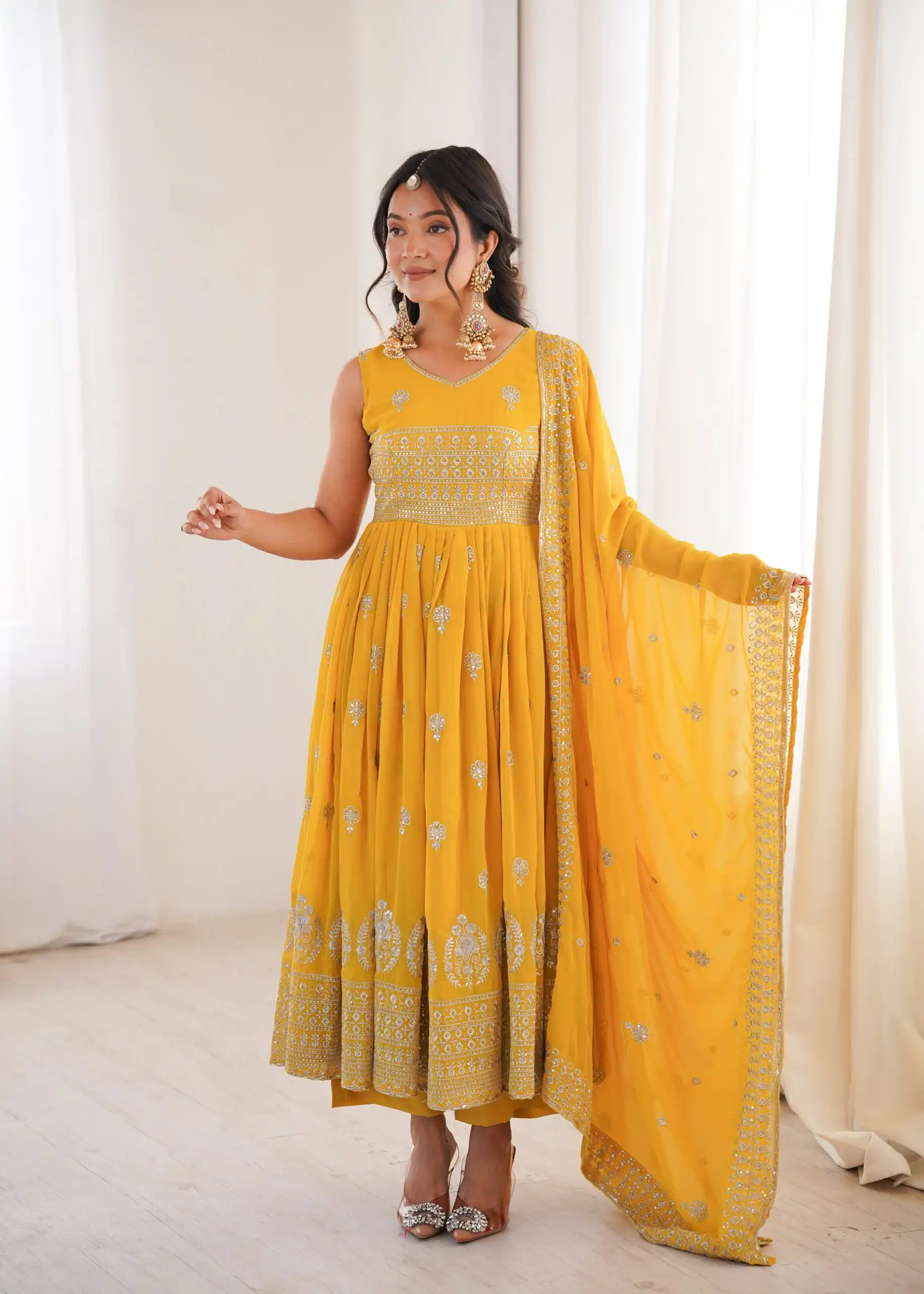 Shiny Yellow Faux Georgette Sequence Work Anarkali Suit