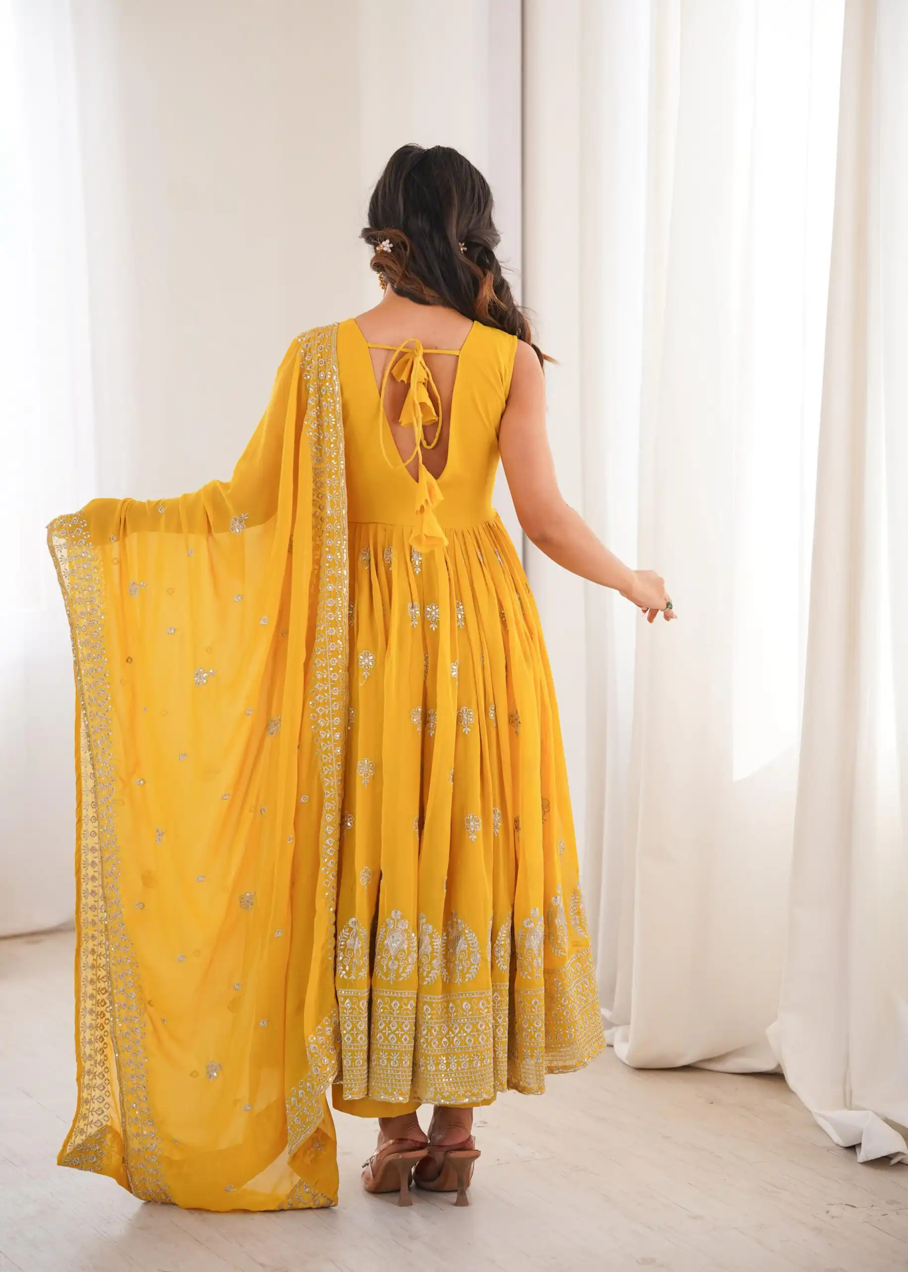Shiny Yellow Faux Georgette Sequence Work Anarkali Suit - Image 5