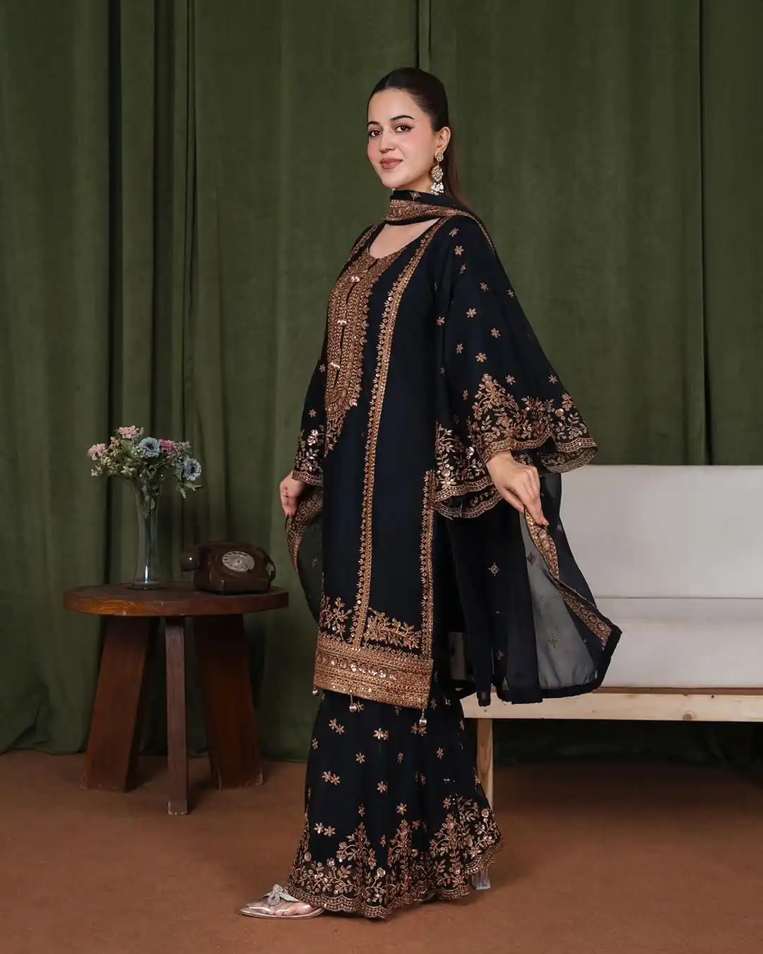 Super Black Fendy Silk Sequins Work Salwar Suit - Image 2