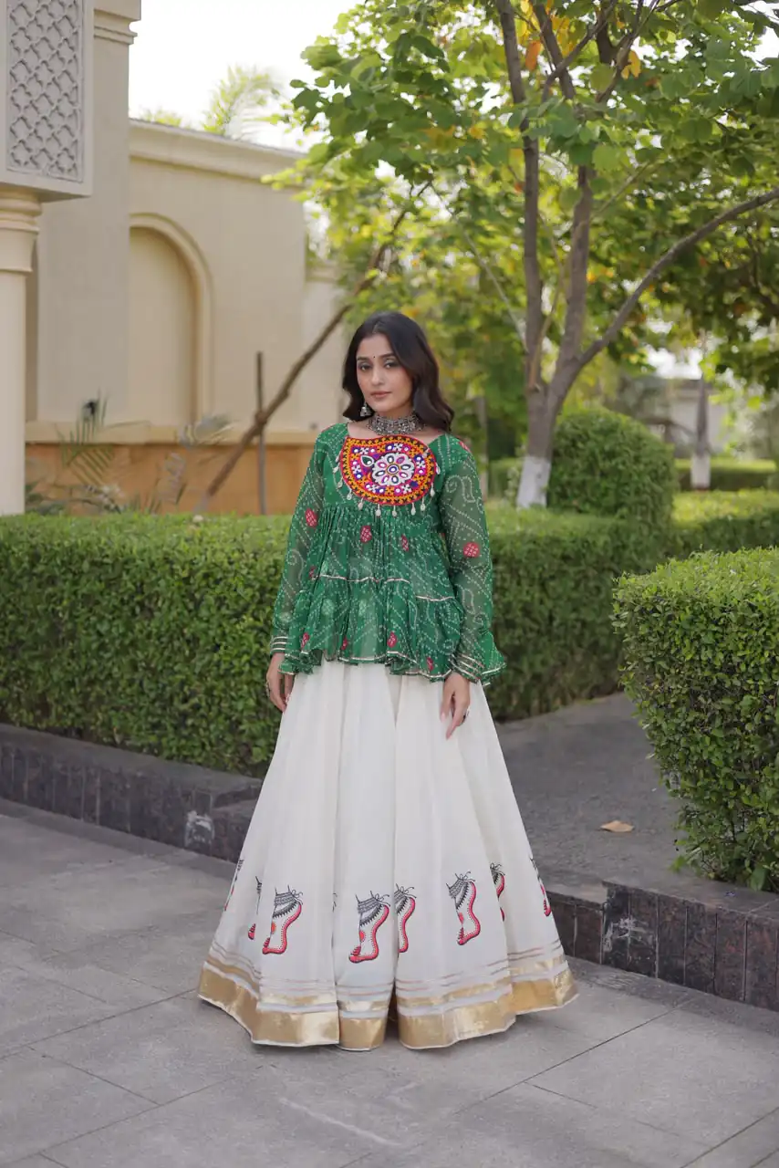 Super Green Kora Cotton Kutchi Gamthi Work Lehenga Choli - Image 5