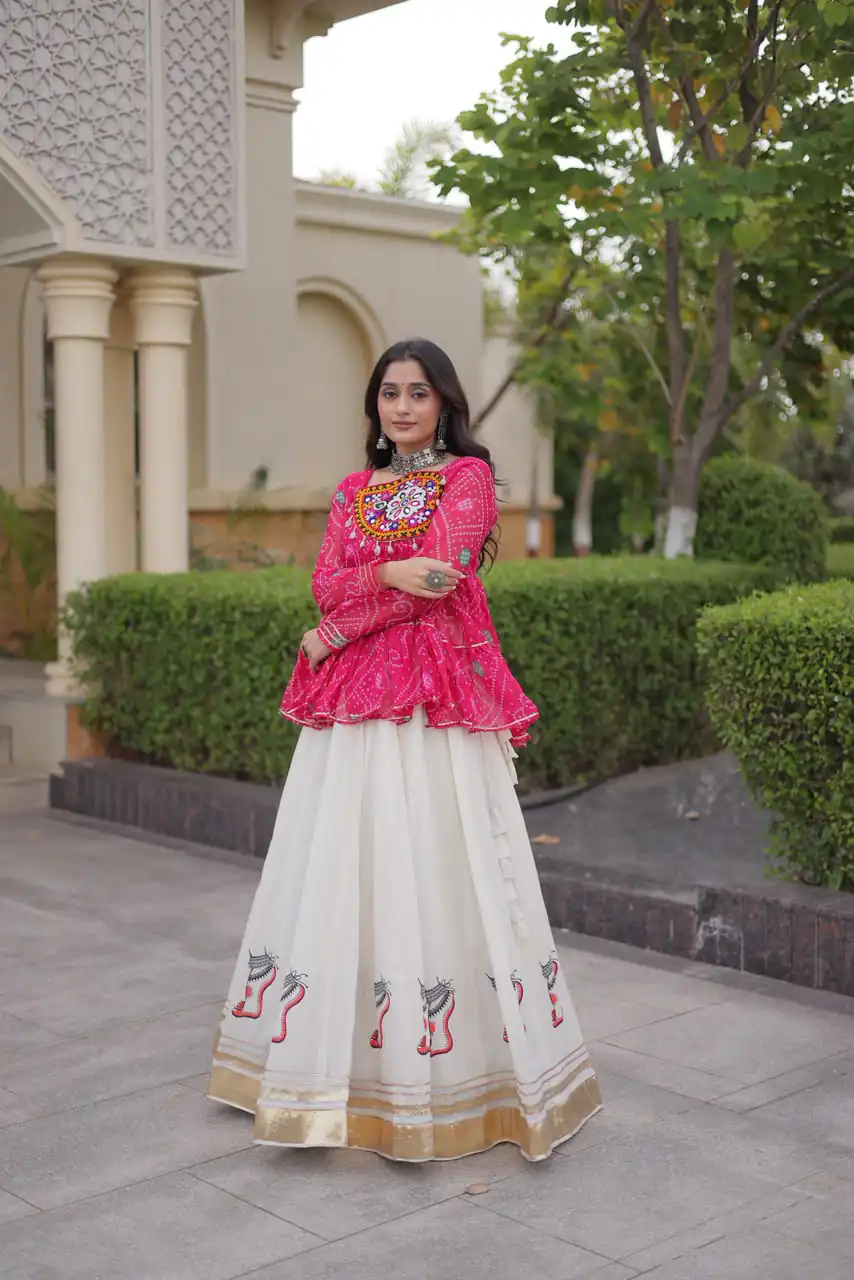 Super Pink Kora Cotton Kutchi Gamthi Work Lehenga Choli - Image 5