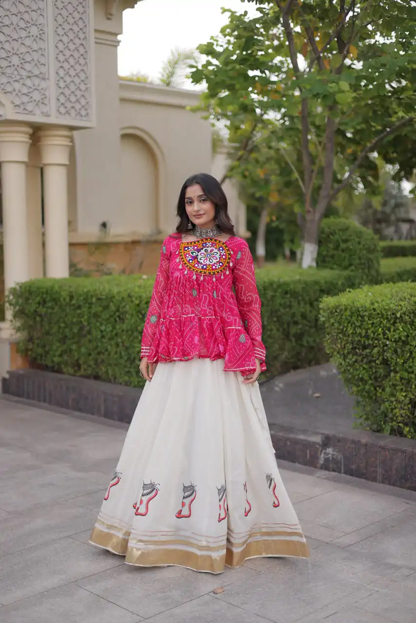 Super Pink Kora Cotton Kutchi Gamthi Work Lehenga Choli - Image 4