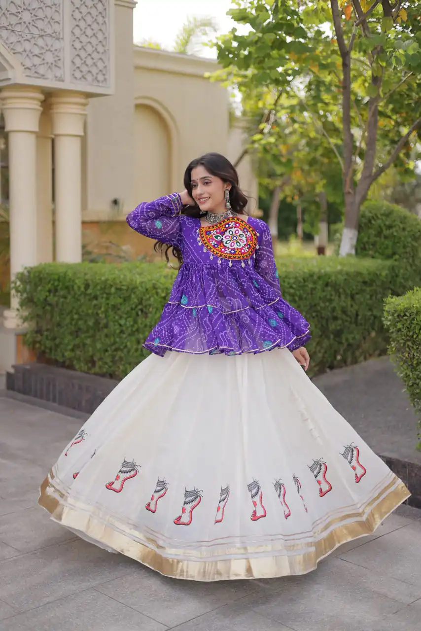 Super Purple Kora Cotton Kutchi Gamthi Work Lehenga Choli - Image 3