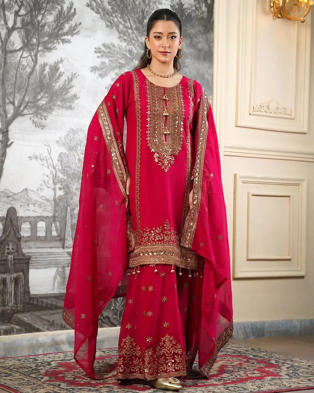 Super Red Fendy Silk Sequins Work Salwar Suit - Image 5