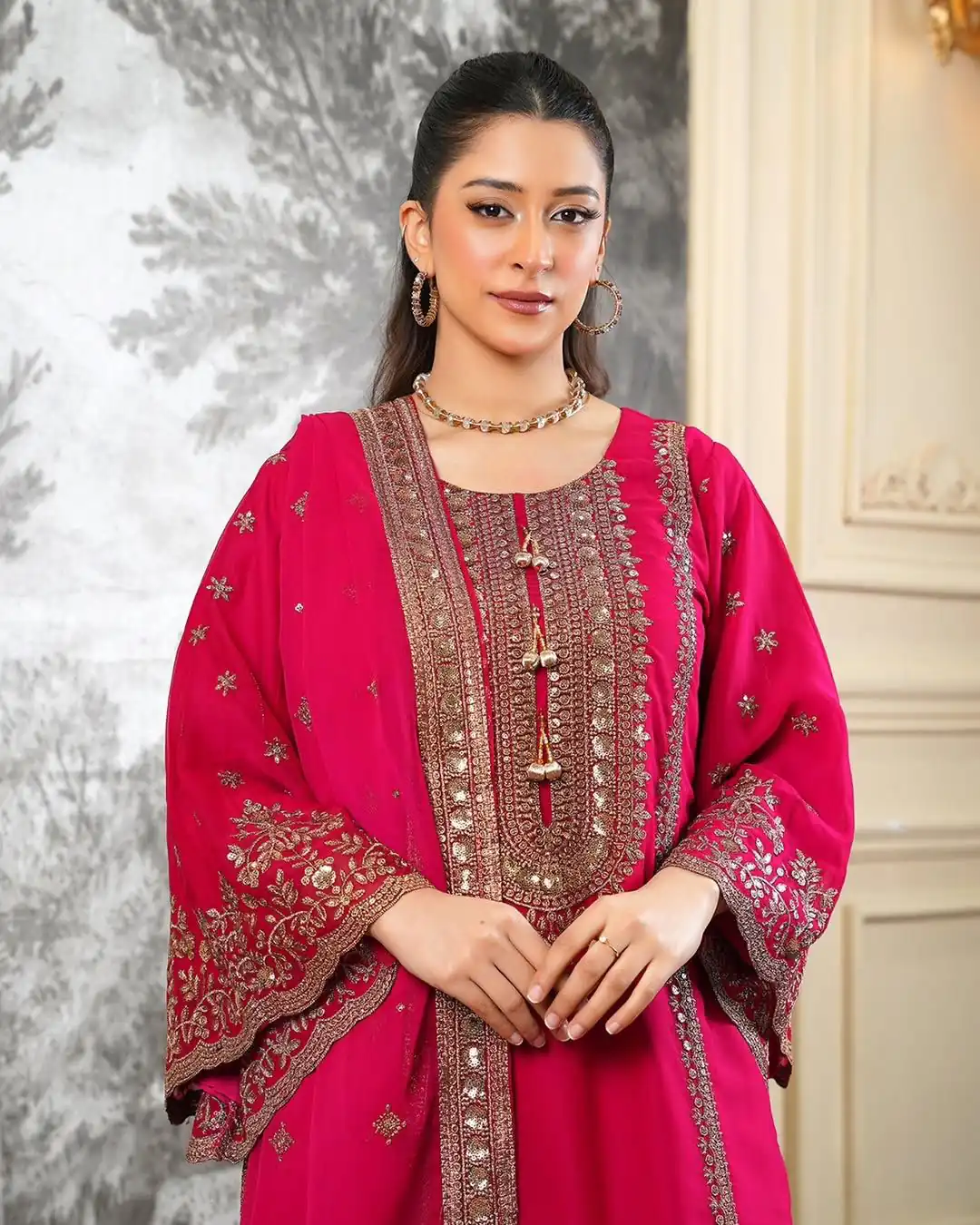 Super Red Fendy Silk Sequins Work Salwar Suit - Image 2