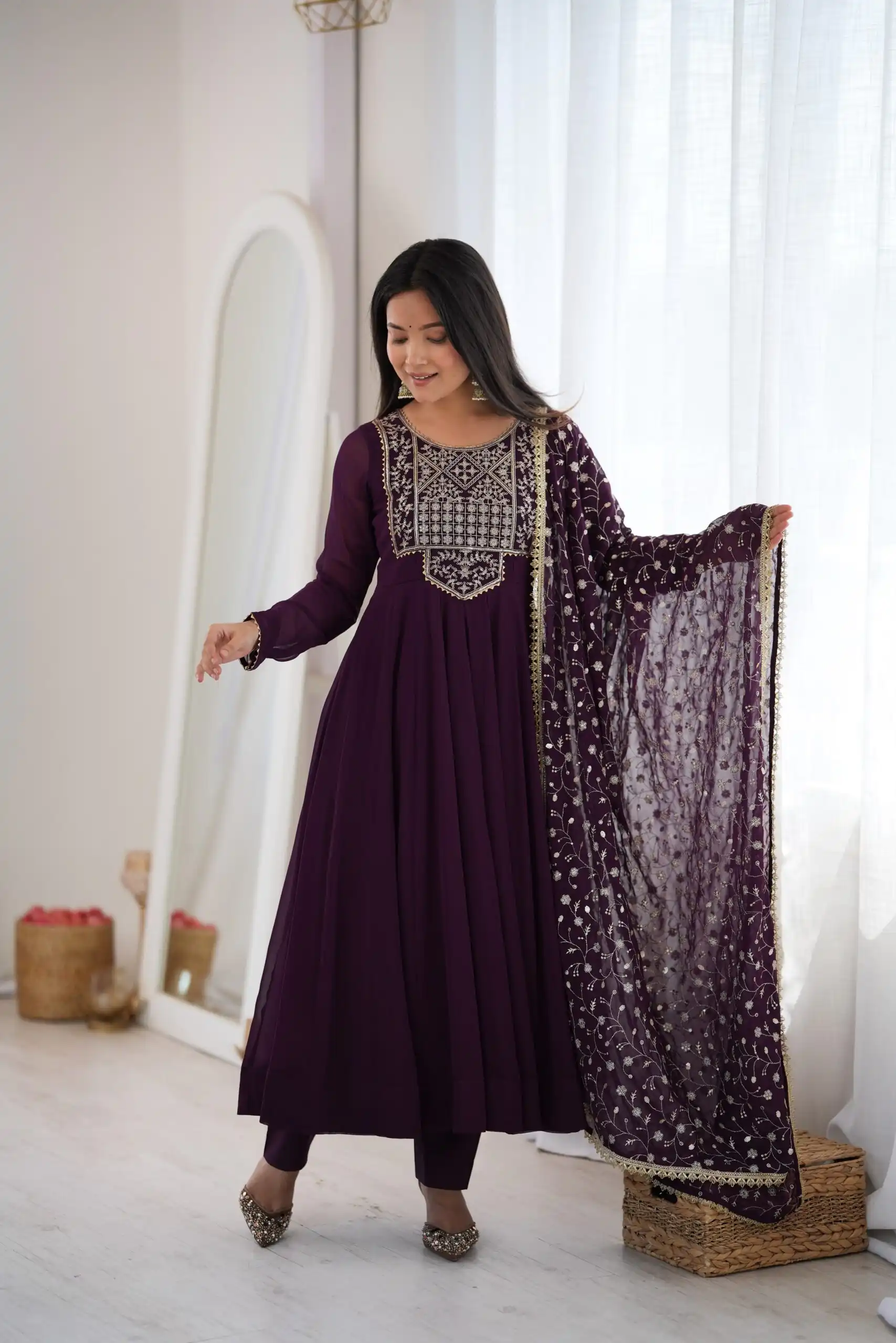 Super Wine Blooming Faux Georgette Embroider Work Anarkali Suit - Image 6