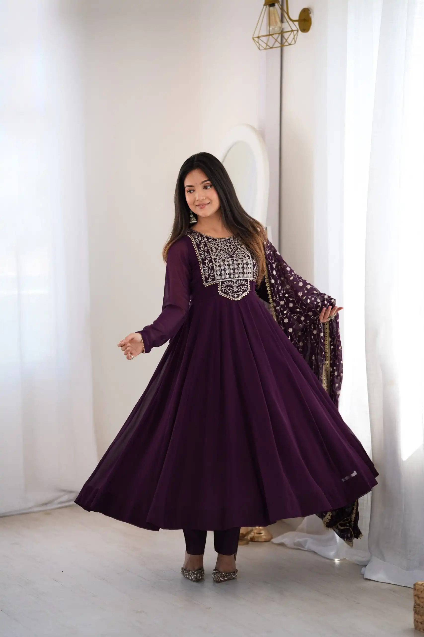 Super Wine Blooming Faux Georgette Embroider Work Anarkali Suit - Image 9