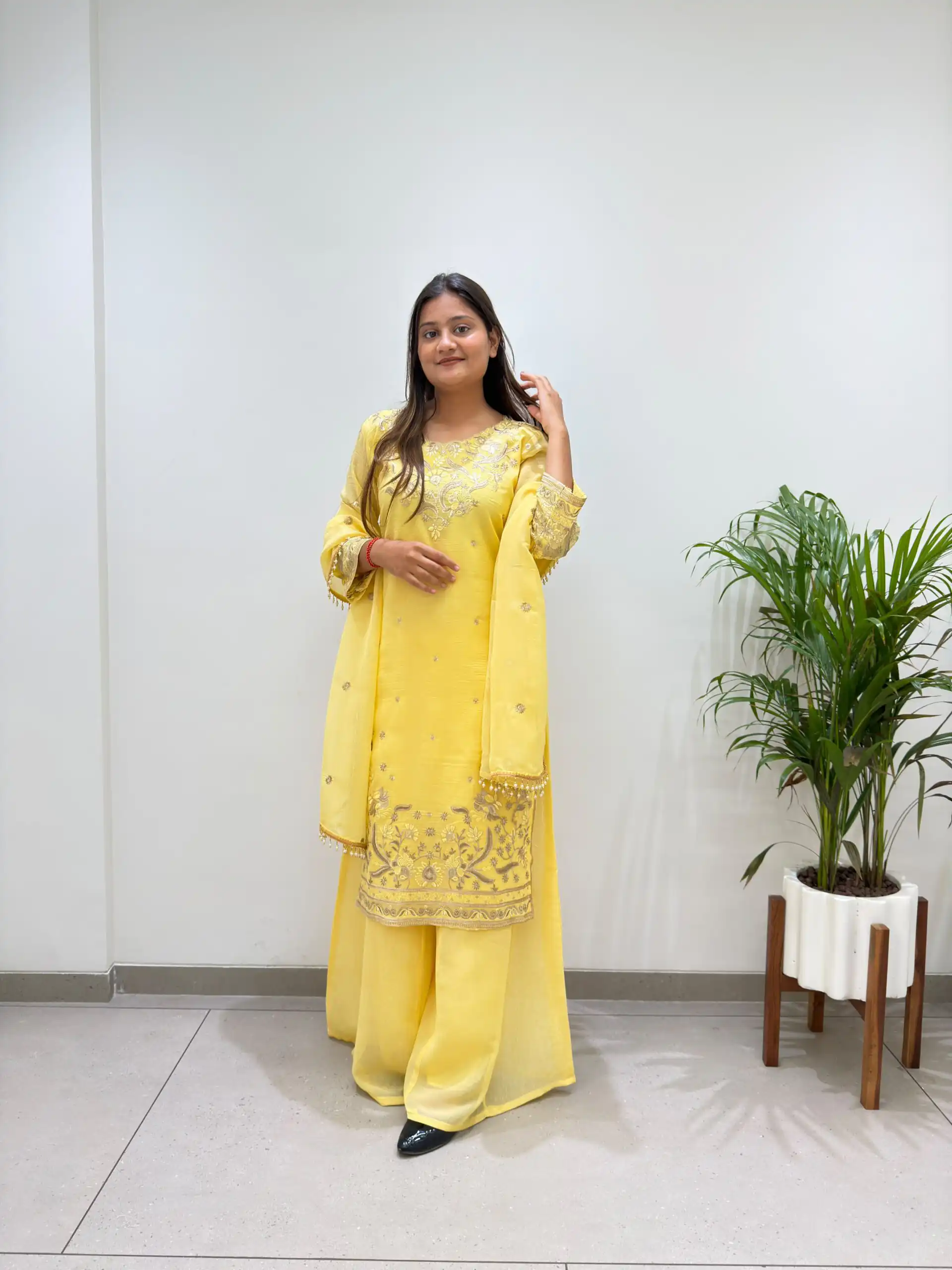 Super Yellow Crunchy Silk Embroidery Work Salwar Suit