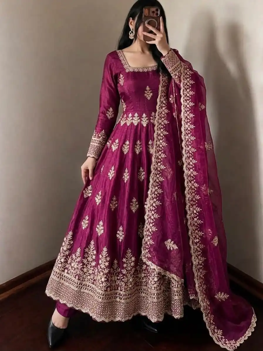 Trendy Wine Fendy Silk Embroidery Work Gown - Image 4