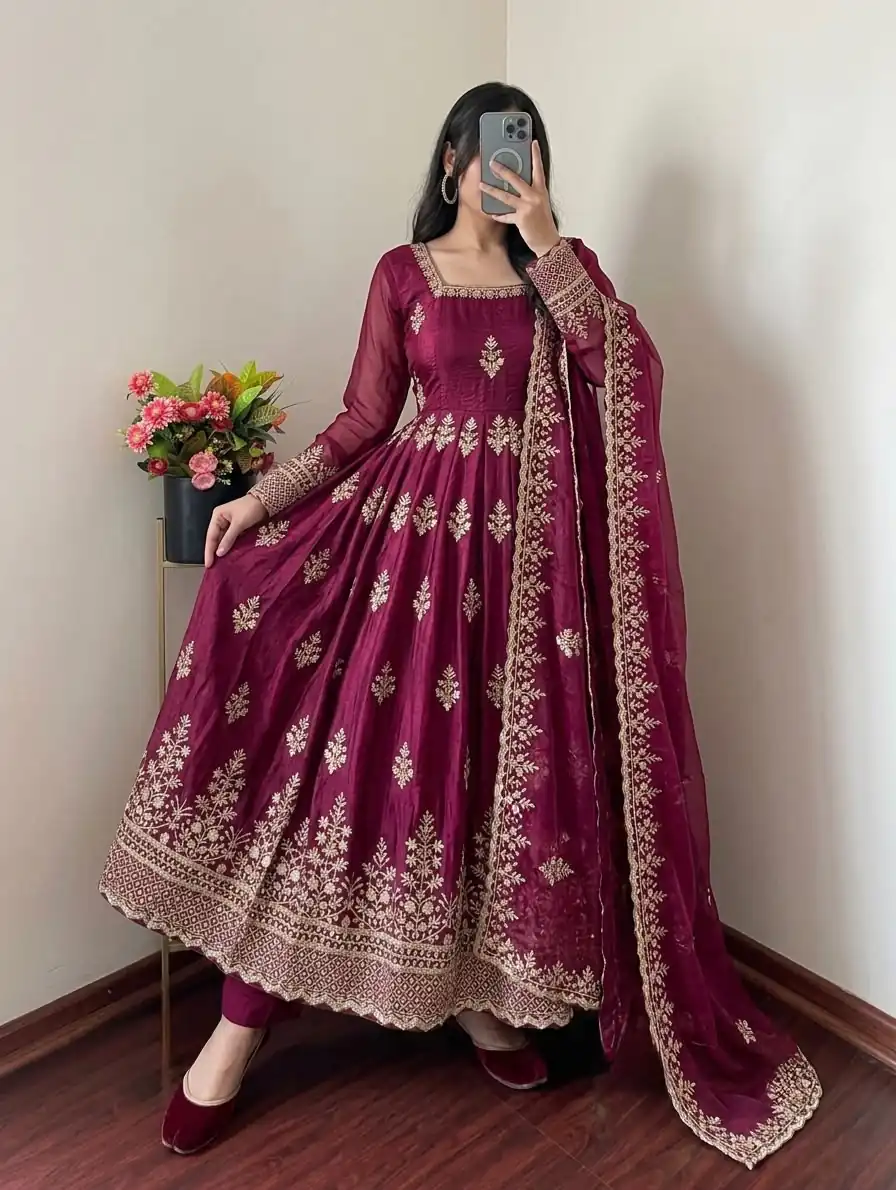Trendy Wine Fendy Silk Embroidery Work Gown - Image 2