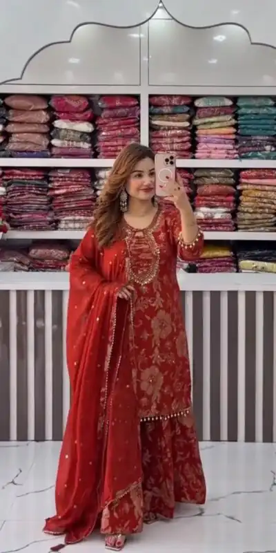ST 1207 Red Faux Georgette Salwar Suit with Embroidery Work. Available at ₹2949 only. Delivery 4-6 Working Days. Shop now. | Jump Suits, Straight Suits, Tops & Bottoms, Track Suits, Trendy Wear, Casual Suits, Creative suits, Designer Suits, Palazzo Suits, Party Wear Suits, Patiala Suits, Salwar suit